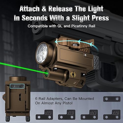 Miniatura 9 de Combo láser de pistola compacta de 800 lúmenes, color verde claro, linterna táctica brillante para pistola con riel Picatinny o GL, luz LED blanca