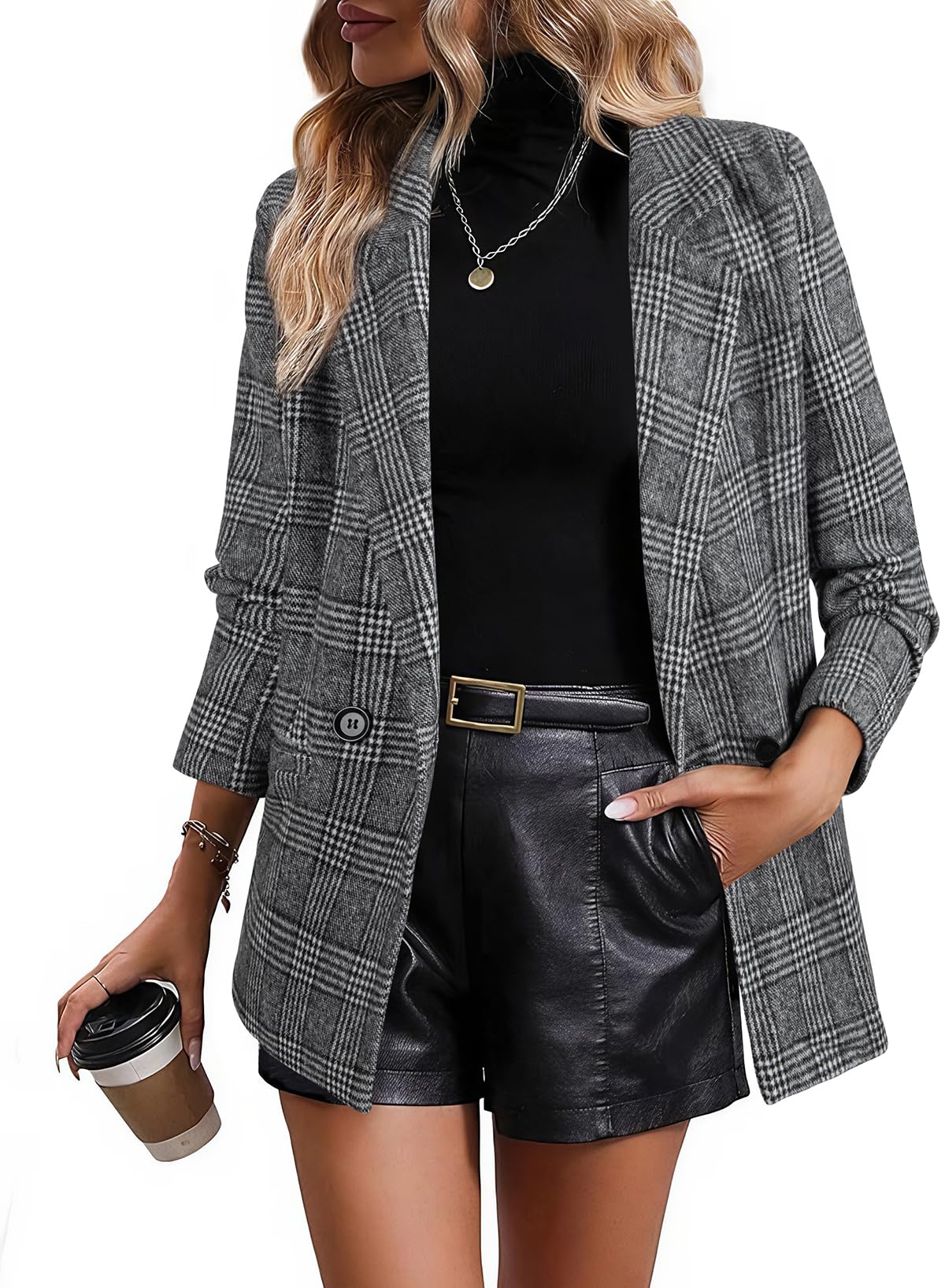 Happy Sailed Womens Plaid Blazer Classic Lapel Collar Double Breasted Open Front Blazers Jackets Work Suit with Pockets