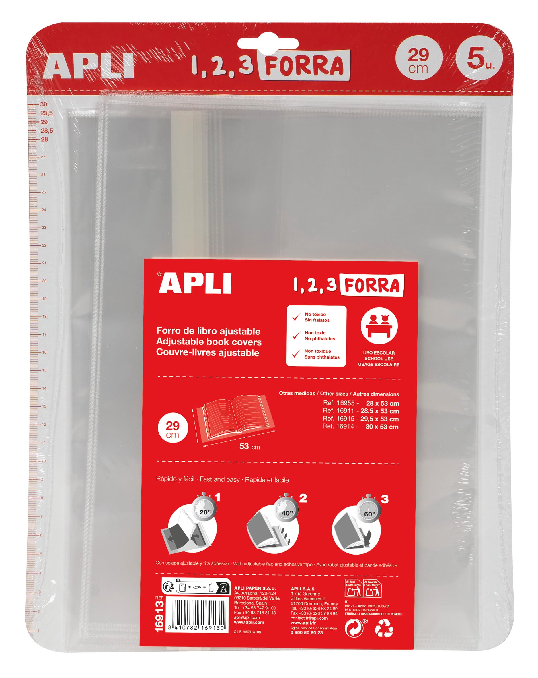 APLI 16913 - Forro de libros con solapa ajustable de polipropileno. Medida 29 x 53 cm, 75 µ. Pack de 5 u.