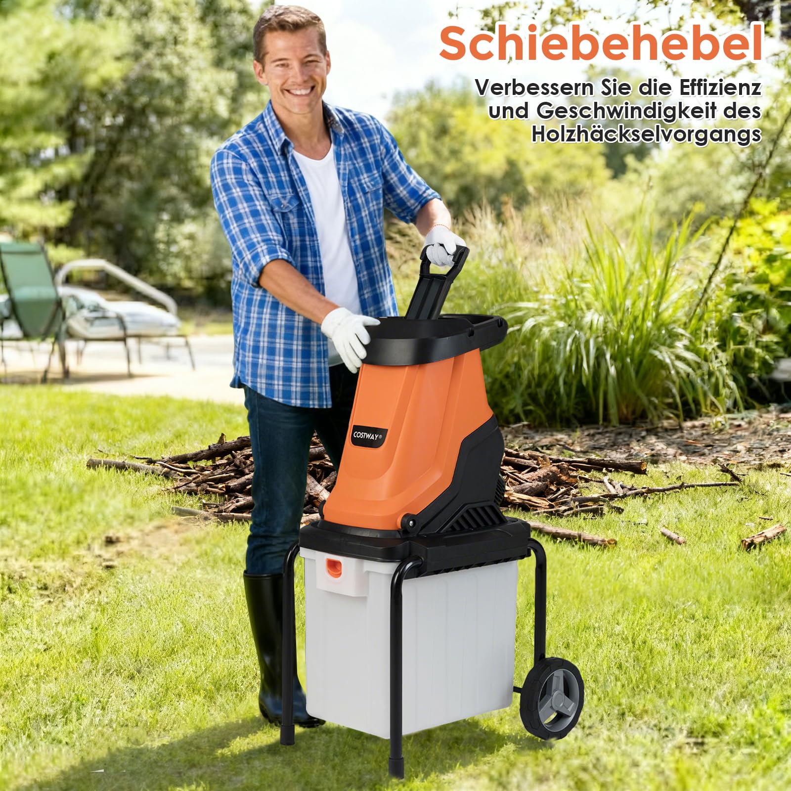 COSTWAY Häcksler Garten 2800 W, Elektro Gartenhäcksler, Elektrischer Walzenhäcksler mit Rädern, 50 L Fangbox | Schnittstärke 45mm | kabelgebunden, Messerhäcksler für und Gartenreinigung (Orange)