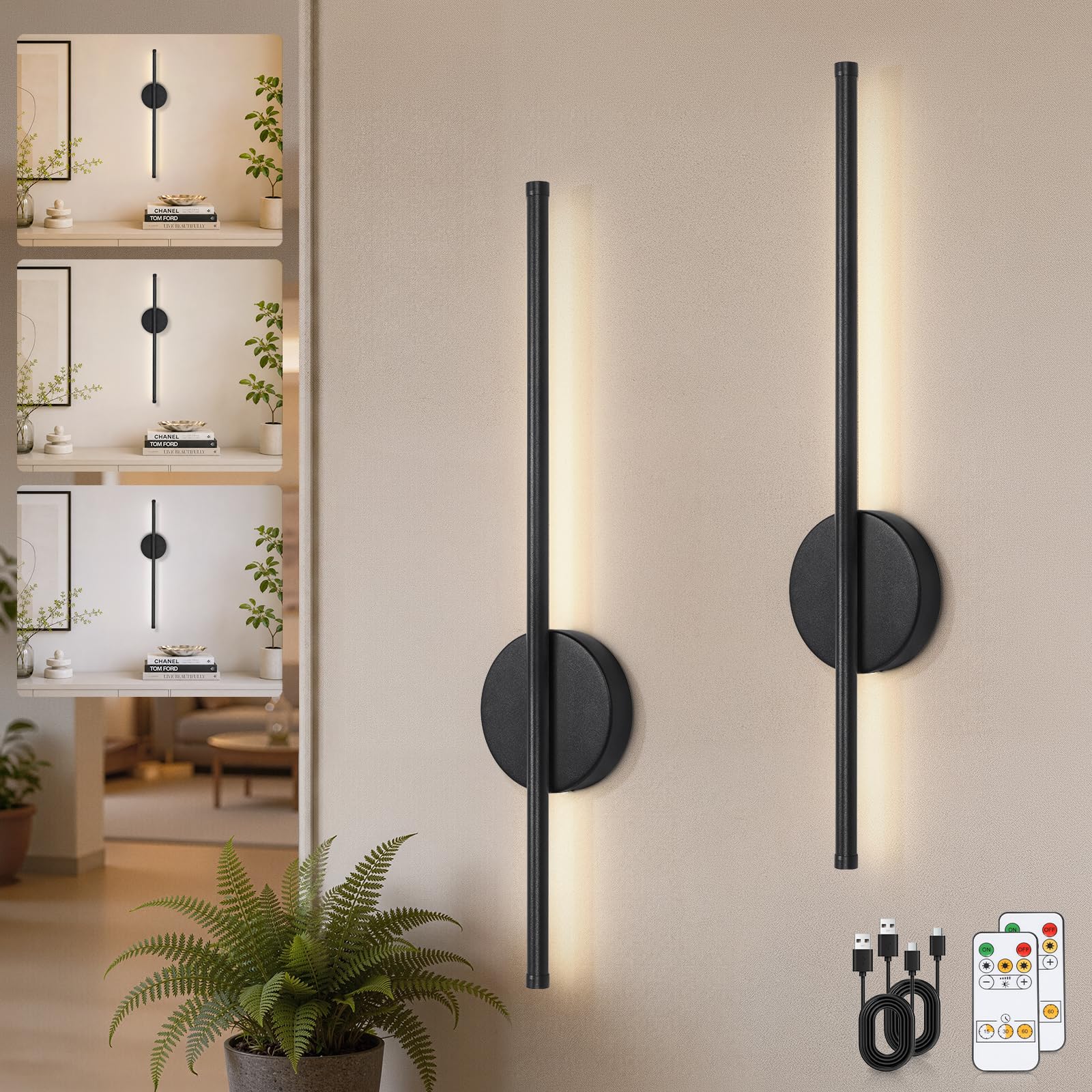 Kimjo Battery Operated Wall Lights - Rechargeable Wall Lights Dimmable 3 Colors - Wireless Wall Sconces Remote Control - Battery Wall Light USB for Bedrooms Living Room 2 Packs — image 1