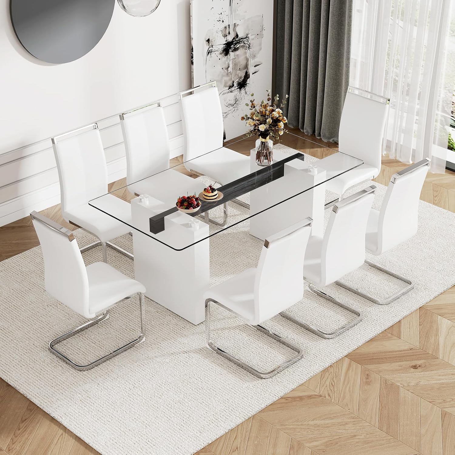 FURNITO Glass Dining Table Set for 8,Modern Dining Table