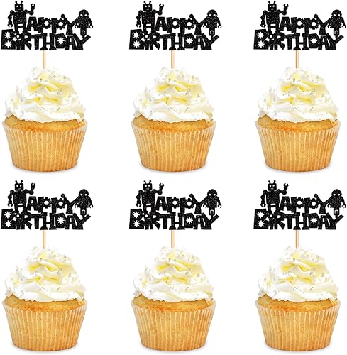 Ercadio Paquete de 24 adornos para cupcakes de feliz cumpleaños, diseño de robot de dibujos animados negros, piezas de robot, decoración de pastel