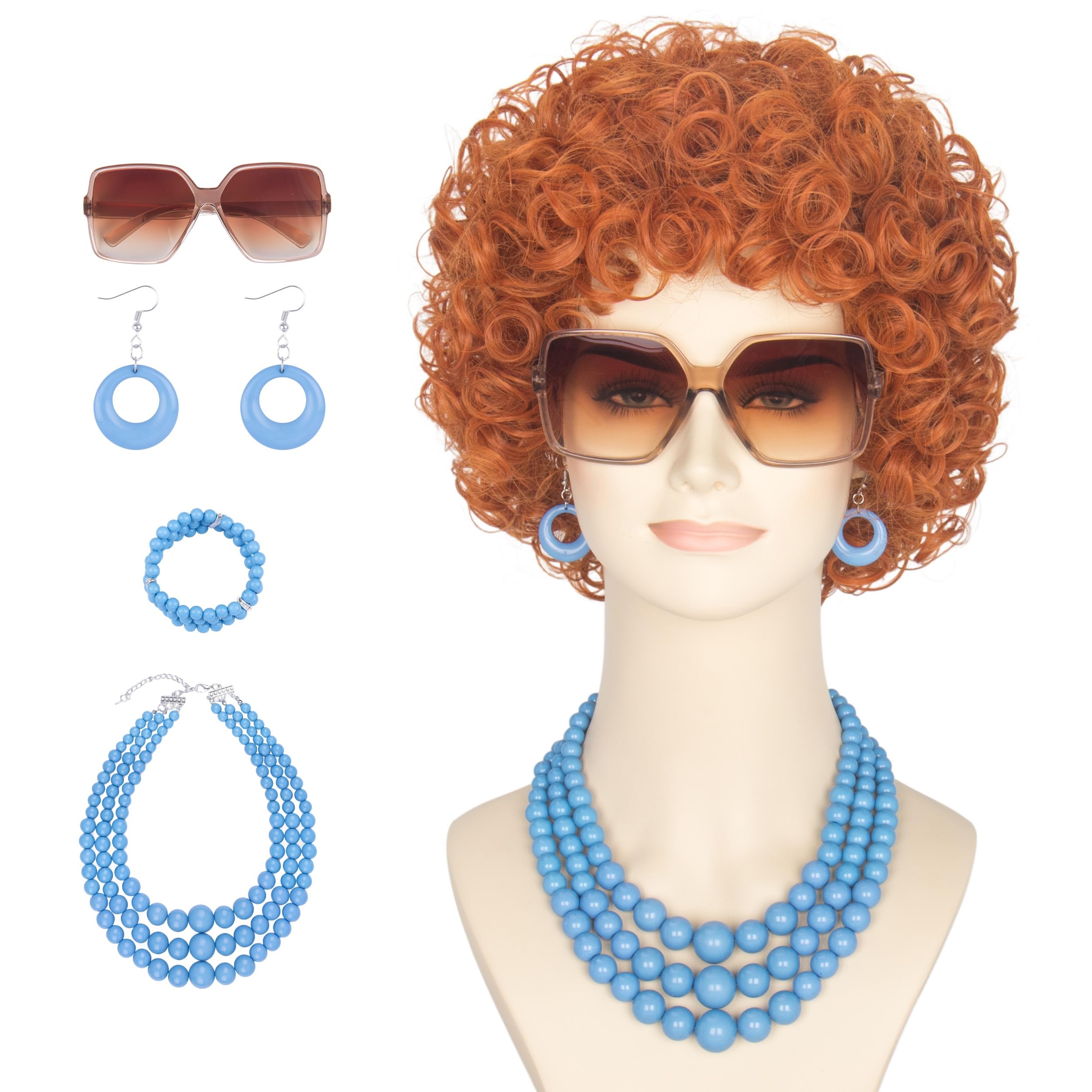 Yan Dream Women Short Curly Red Brown Wig and Glasses Blue Oversized Necklace Earrings Stacked Bracelets Party Halloween Wig