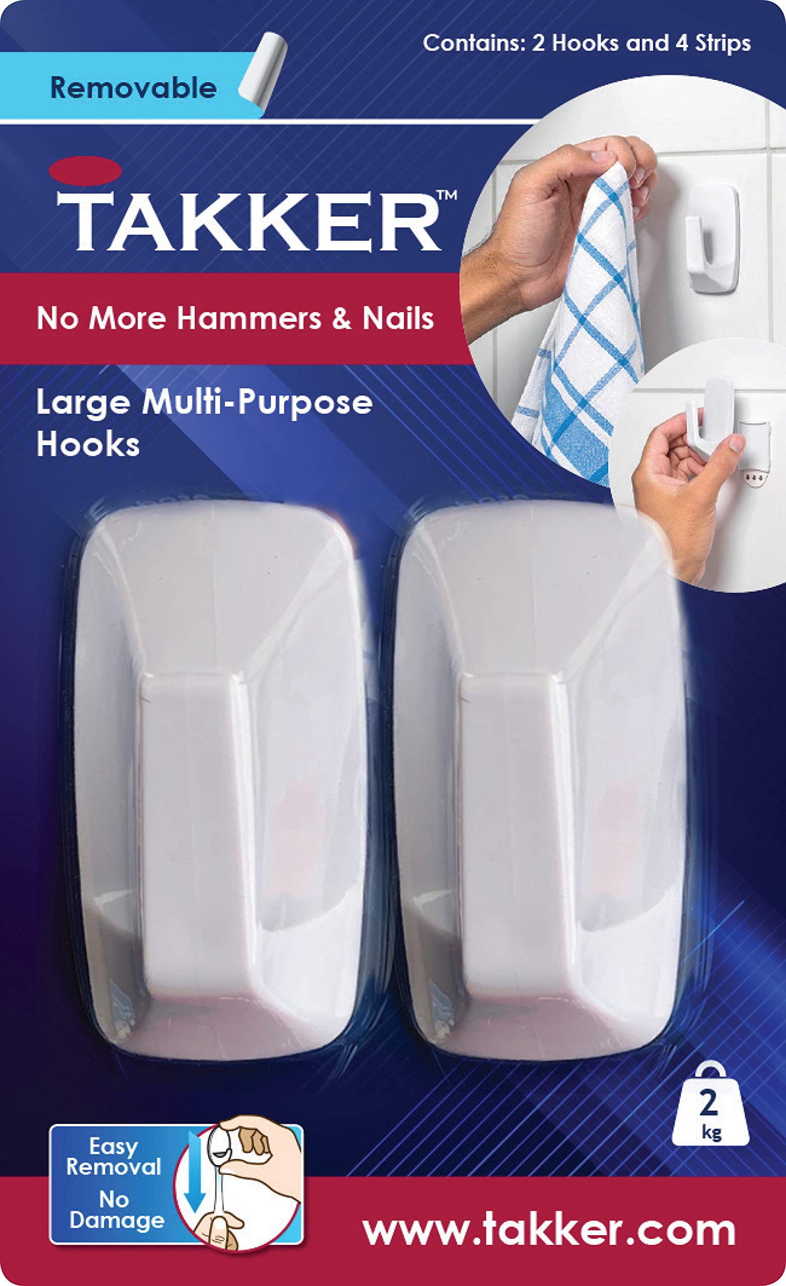 Takker® 2 Large Hooks & 4 Adhesive Strips | Multi-Purpose Hanging Solution | No Tools Needed | Easy Apply & Re-Useable | Damage-Free Removal, No Residue | Easy Stick, No Damage Solutions