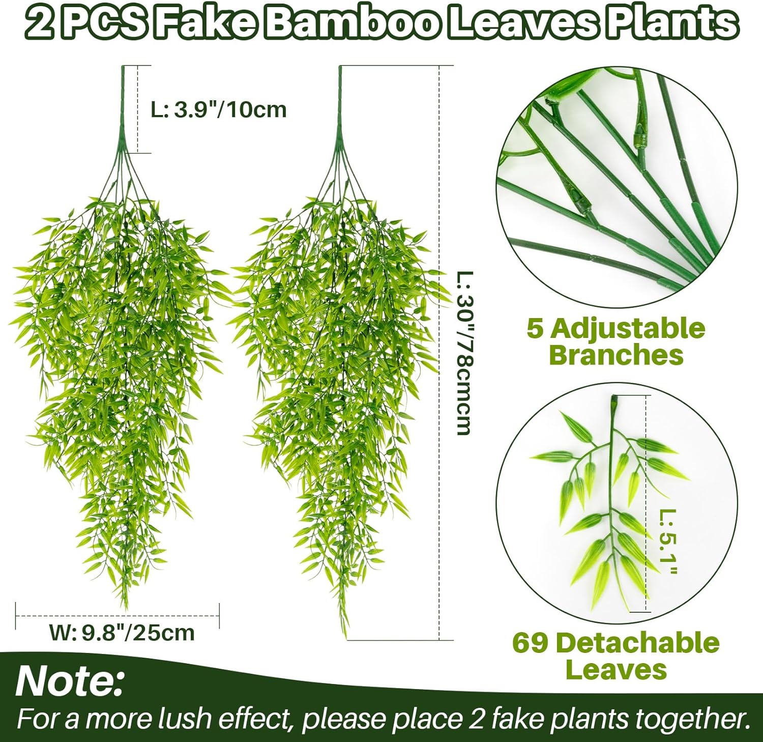 2PCS Fake Hanging Plants - Lifelike Artificial Bamboo Plants Outdoor, Fake Bamboo Leaves Plant for Study Yoga Living Room Patio Porch Stair Wedding Indoor Greenery Wall Decor - Image 2