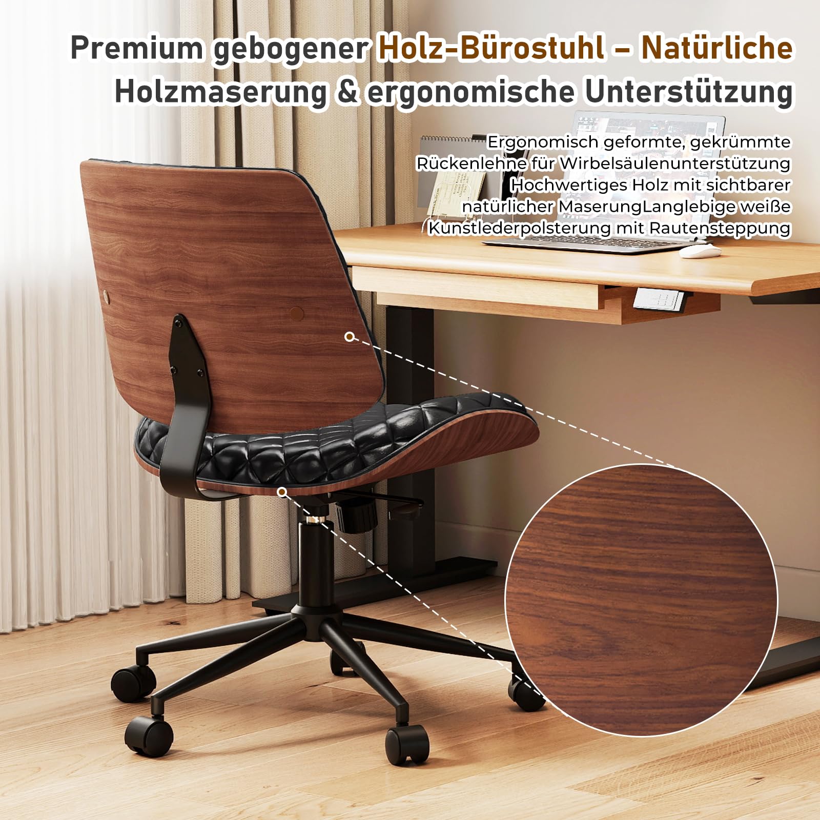 Bürostuhl Schwarz mit Stabiler Holzstützung, Schreibtischstuhl ohne Armlehne, Drehstuhl Büro mit Rollen, Hochwertiger Bürostuhl Leder Optik, Drehsessel für Home Office & Arbeitszimmer