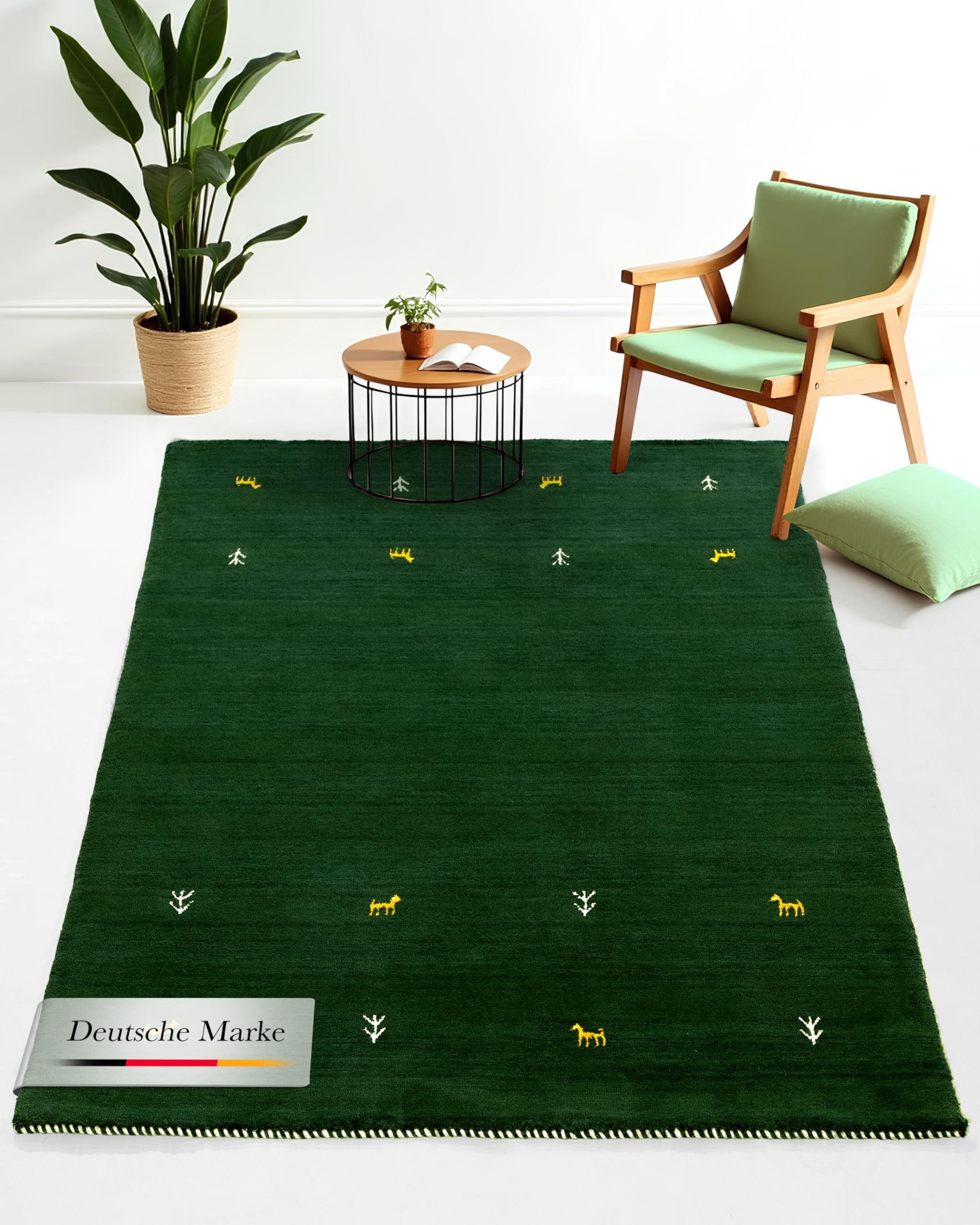 carpetfine Wollteppich Gabbeh Uni Grün 80x150 cm | Moderner Teppich für Wohn- und Schlafzimmer