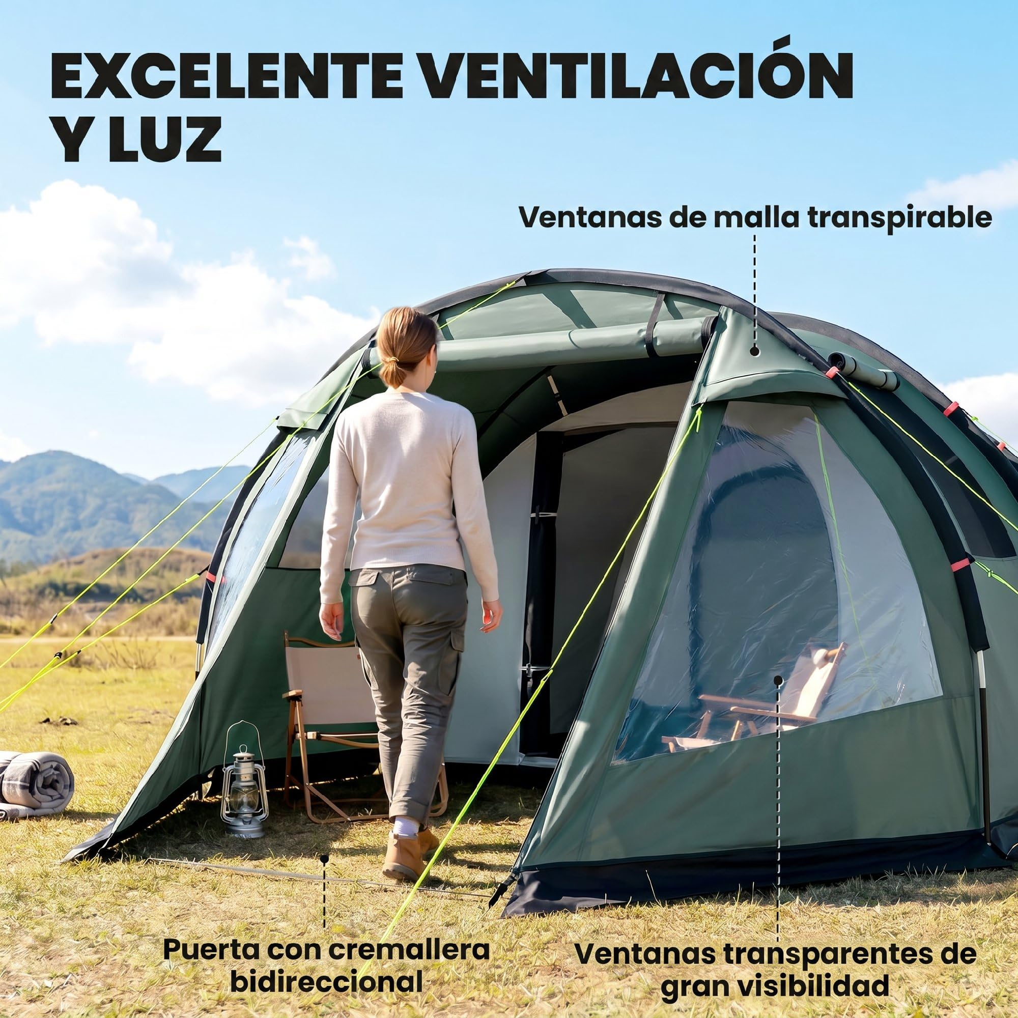 Outsunny Tienda de Campaña de Túnel Tienda Camping para 3 Personas Impermeable PU2000 mm Protección UV30+ con Ventanas y Bolsa de Transporte para Trekking Camping Playa Aventura 475x264x172 cm Verde