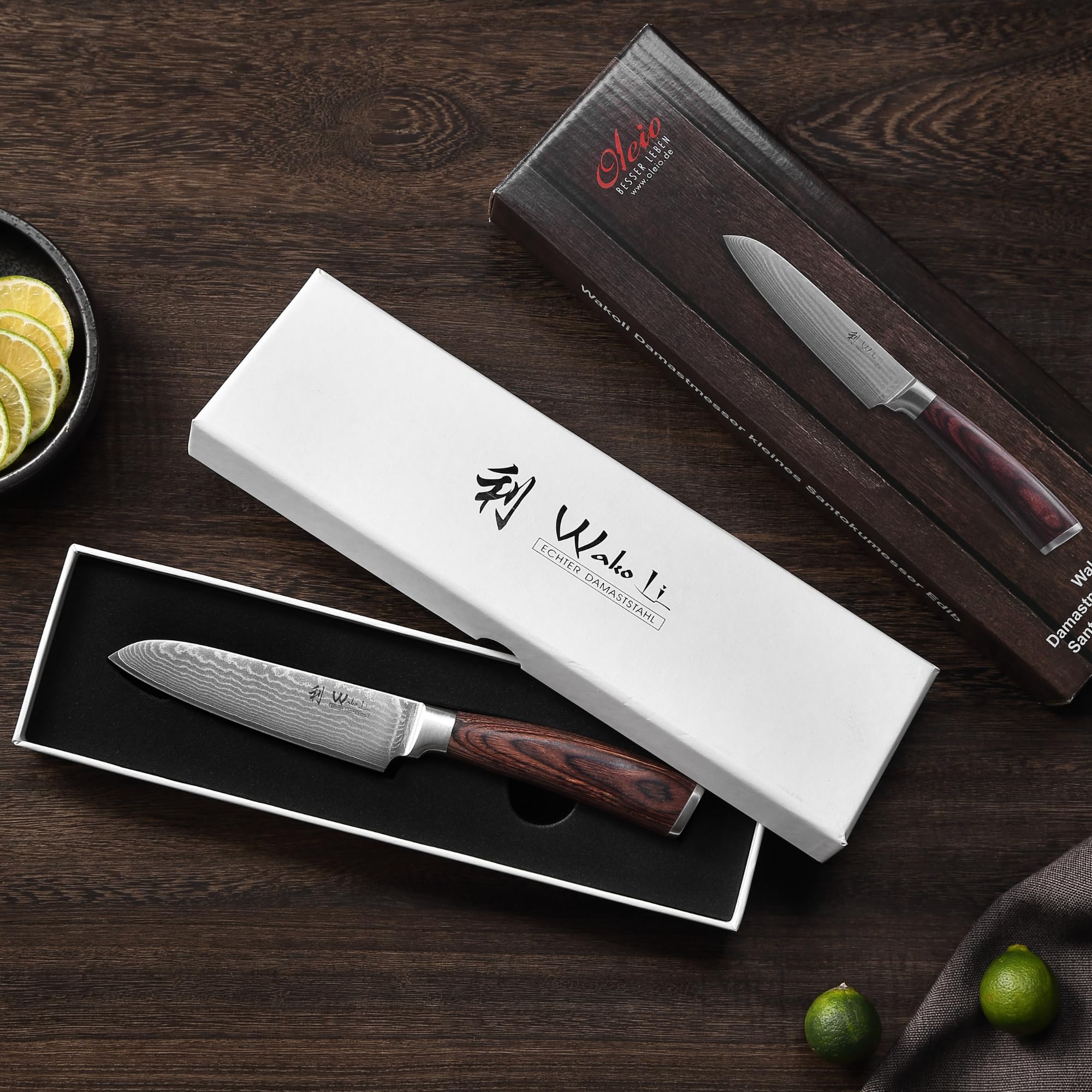 WAKOLI Edib Petit Couteau Santoku en Damas I Lame tranchante de 12 cm en acier damassé à 67 couches avec noyau VG10 et manche en bois de pakka I Couteau de cuisine professionnel & couteau damassé