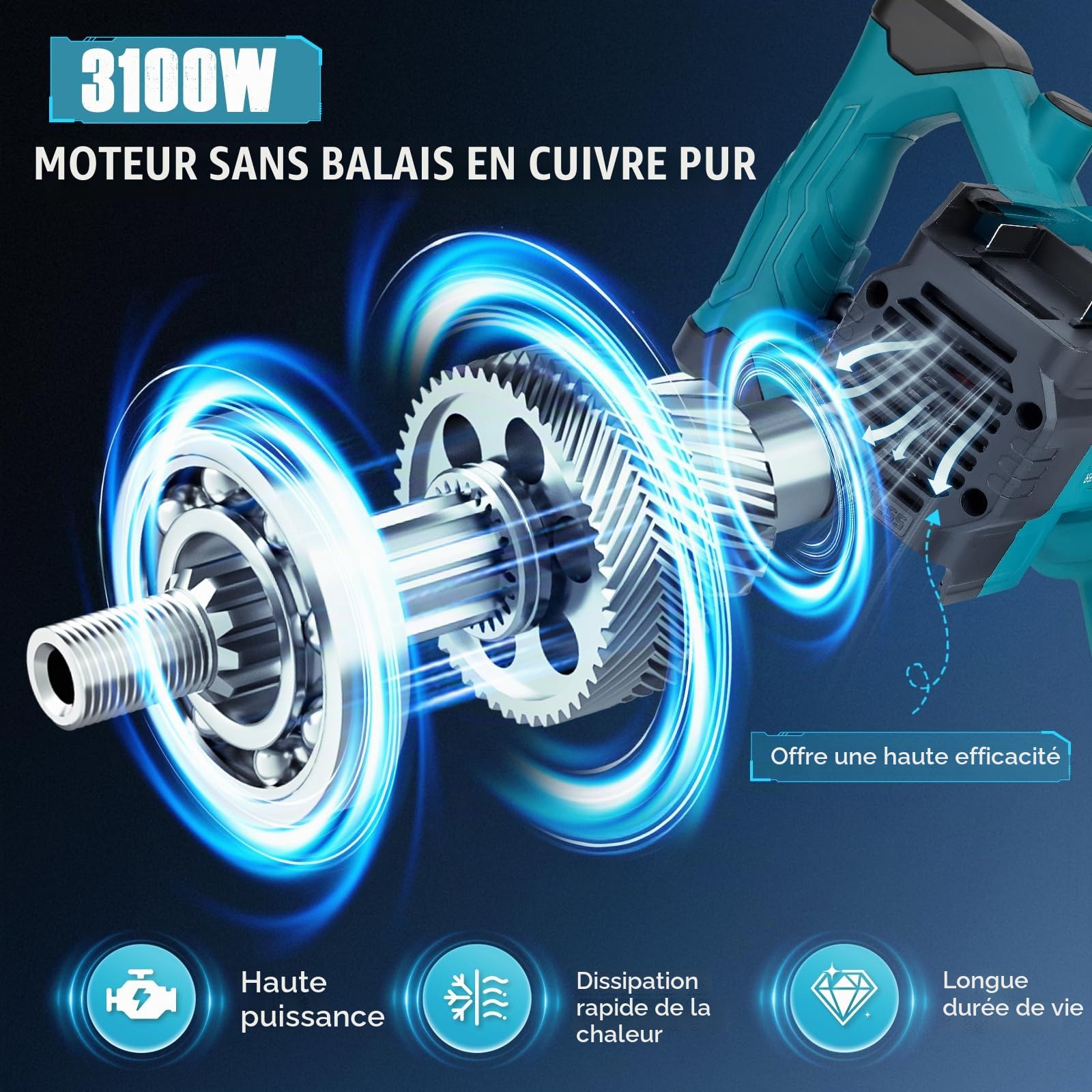 Malaxeur Mortier Colle 3100W, Malaxeur Beton ompatible avec une batterie 18-21V (sans batterie), Melangeur Beton Avec 6 Vitesses, Betonniere Électrique pour la peinture,le mortier,le Ciment