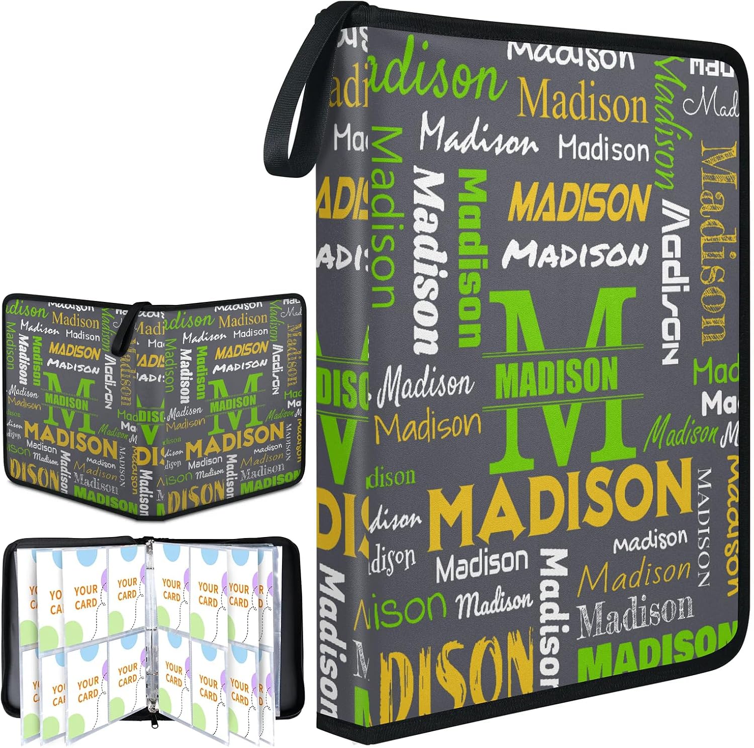 Custom 4-Pocket Card Binder with Name Trading Card Holder Album with 50 Removable Sleeves Holds 400 Cards PU Leather Zip Album, Dark Gray