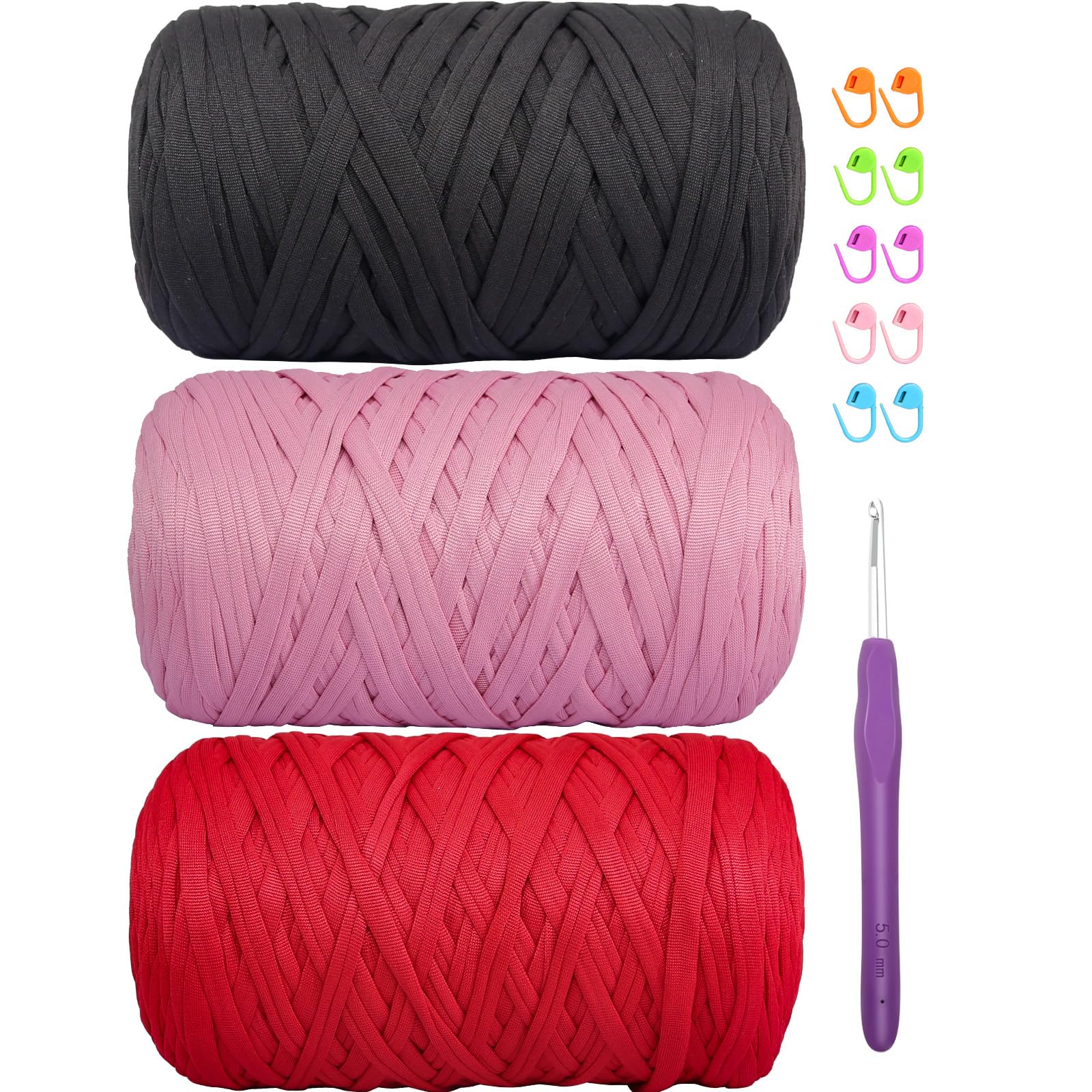 SIMEIQI 1200g T-Shirt Yarn (3x400g) for Crochet, Black+Red+Shrimp Pink — image 1