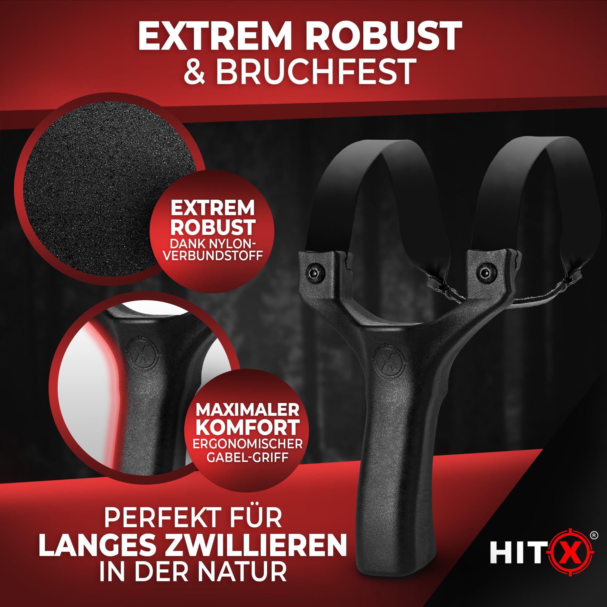 HITX® Zwille Steinschleuder Profi Set [Gamma] | Für Große Hände & Mit Einfacher Clip-Technik | Slingshot Schleuder mit Gummiband Extra Stark | Zwille in Bundle Sets mit Ersatzgummi + Tonkugeln