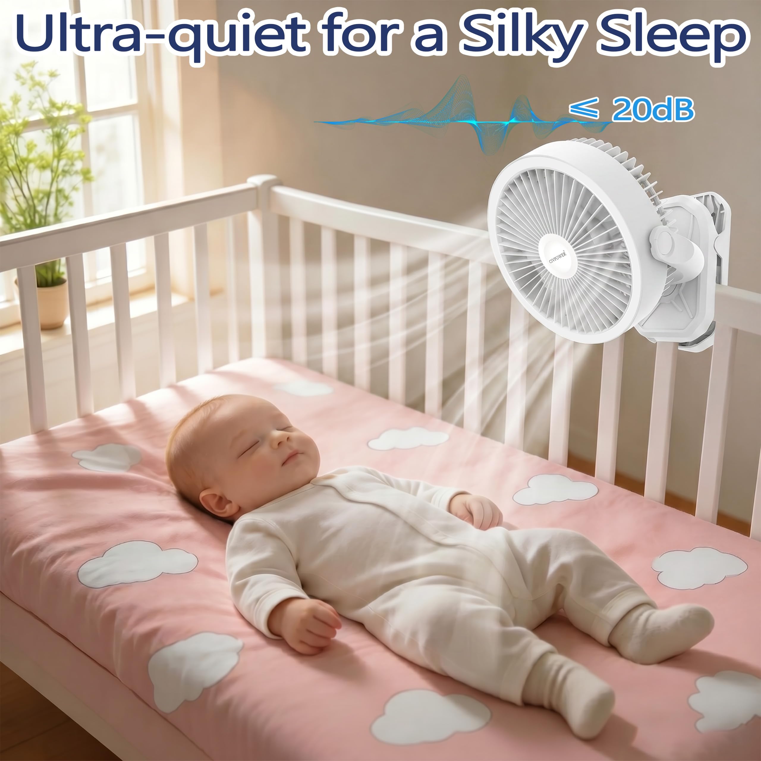Ventola a clip da 16000 mAh: ventilatore portatile ricaricabile a morsetto per passeggino, letto, tenda da campeggio, carrello da golf, funzionamento a batteria, con gancio a 3 velocità, forte flusso
