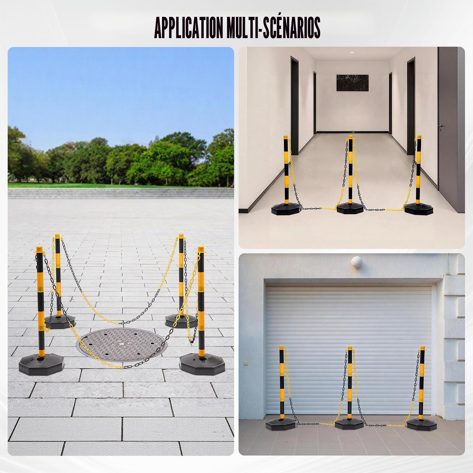 Lot de 6 poteaux de barrière en plastique avec 5 chaînes de barrière de 6,5 m, poteaux de blocage avec support, pour avertissement de contrôle de la circulation, jaune et noir