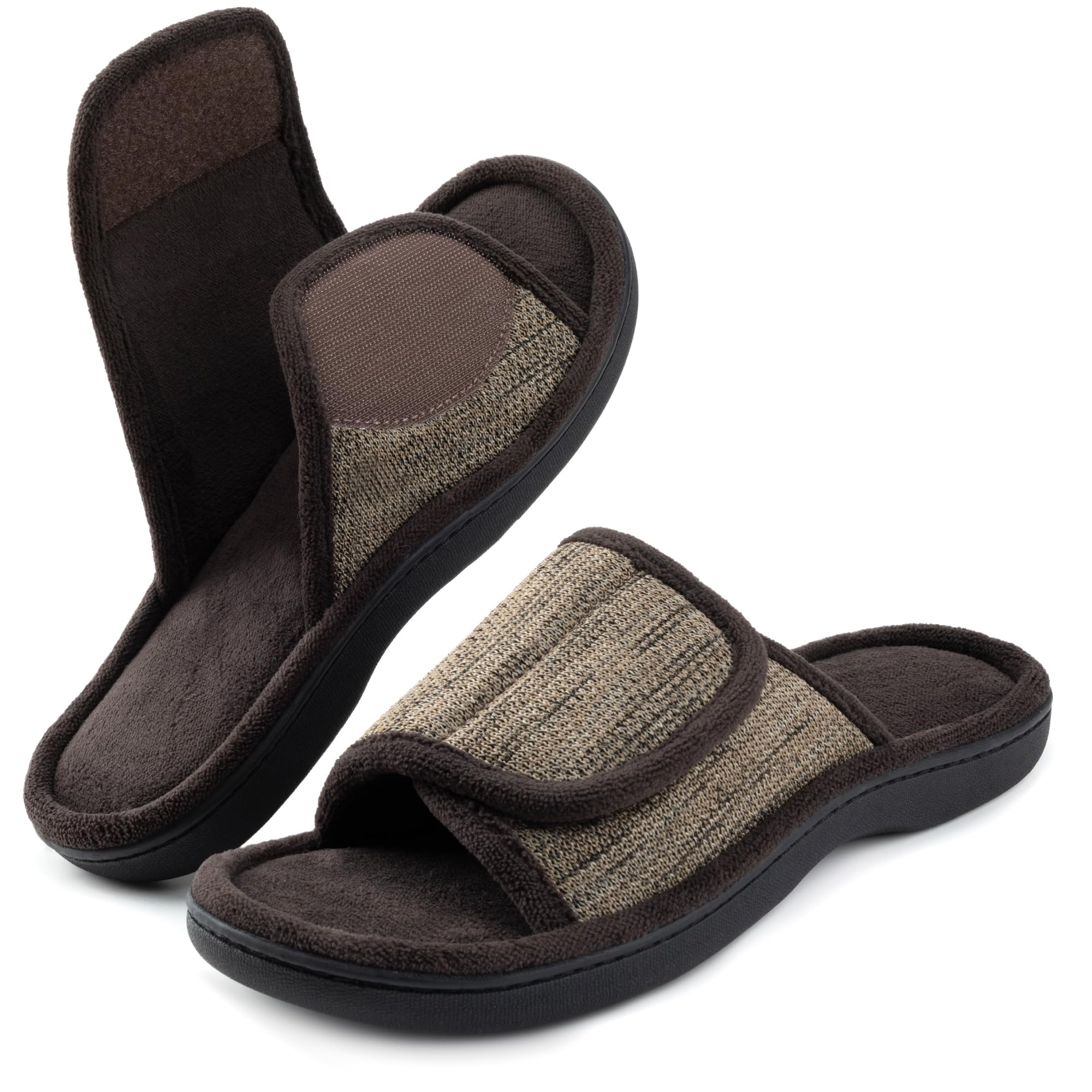 RockDove Men's Adjustable Wrap Memory Foam Slide Slipper, Size 9-10 US Men, Coffee