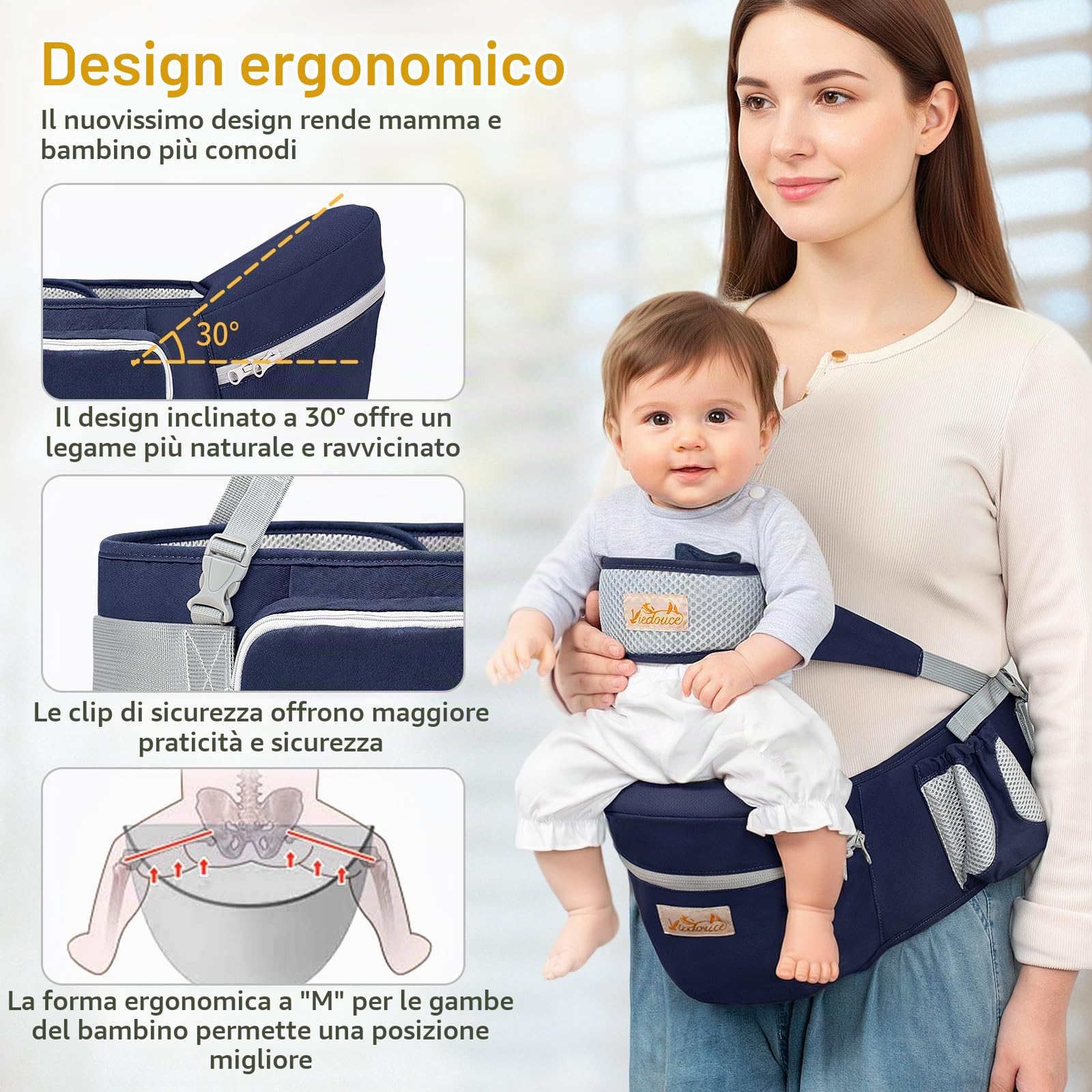 Viedouce Hipseat Marsupio con Protezione per Cintura di Sicurezza,Puro Cotone Leggero e Traspirante,Ergonomico Neonati Marsupio Sicurezza Supporto per Bambino da 4-36 Mesi (Blu Scuro)