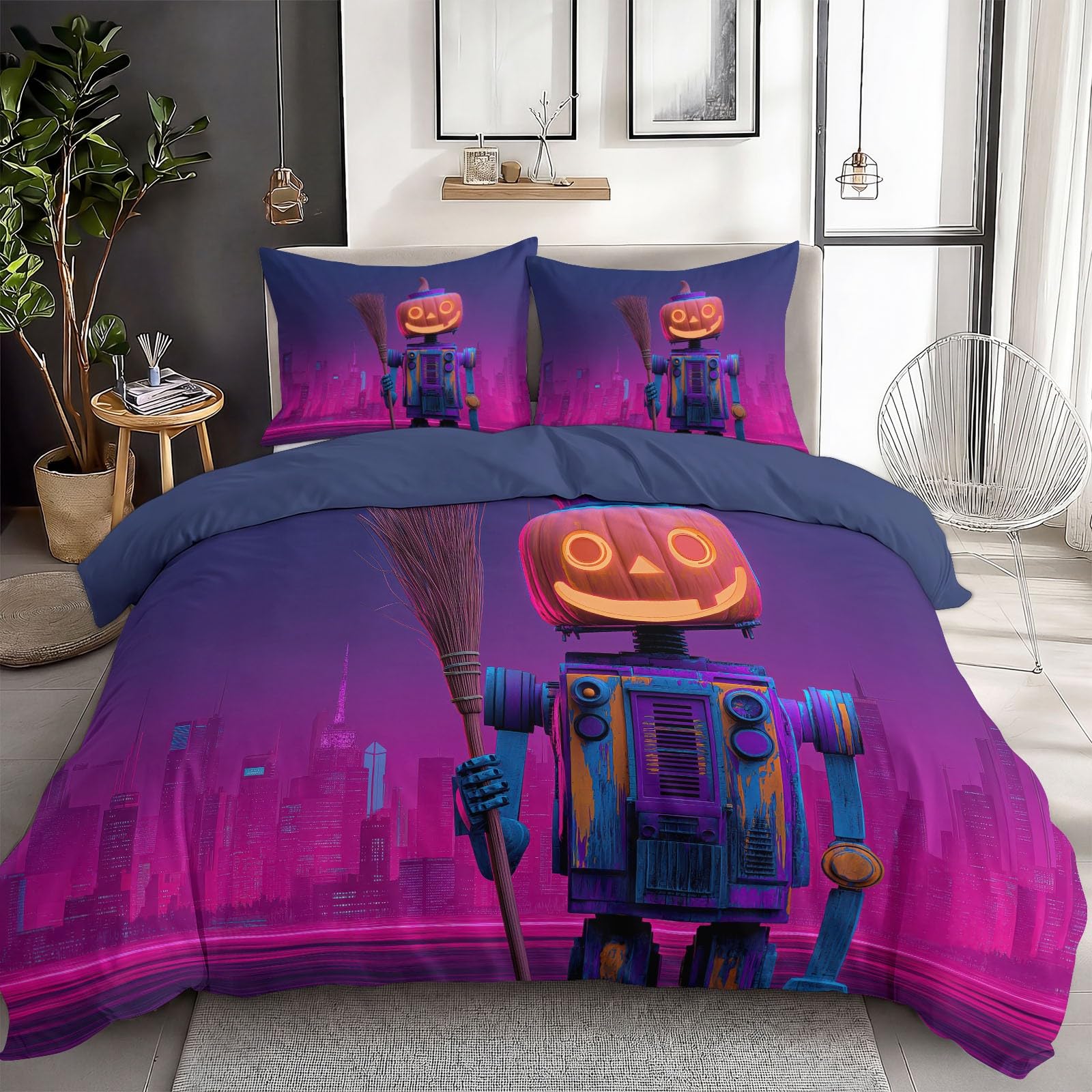 Housse de couette Halloween robot citrouille microfibre anti-pli 240x260