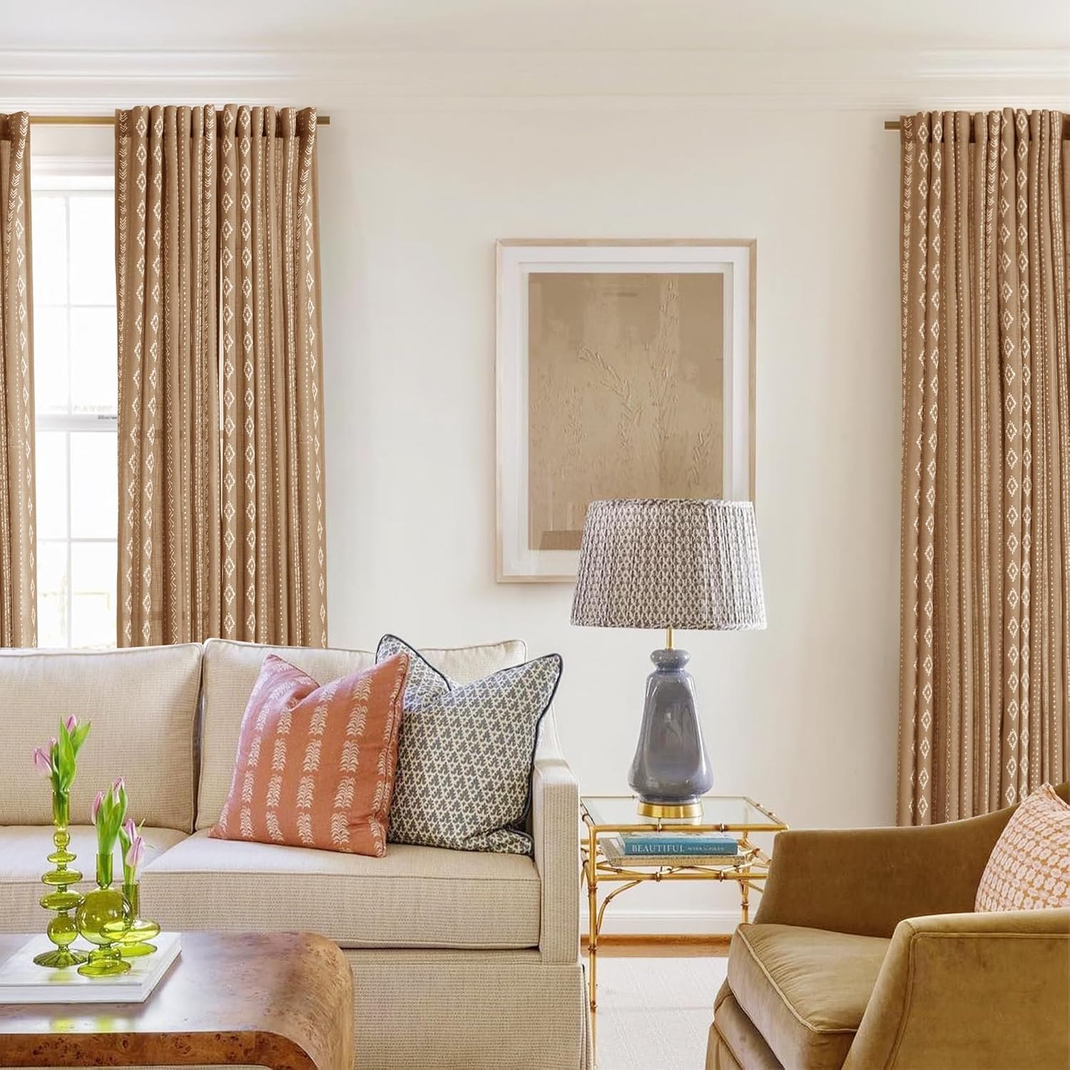 Light Brown Boho Linen Curtains 84 Inch Length 2 Panel Set with Geometric Stripe Pattern Light Filtering Semi Sheer Drapes for Living Room Bedroom Textured Rustic Neutral Window Curtain Panels