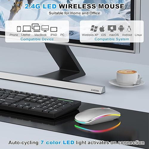 Miniatura 5 de Azmall Ratón inalámbrico Bluetooth, mouse silencioso recargable LED delgado con receptor USB-AUSB-C de 2.4 GHz y adaptador tipo C, compatible con