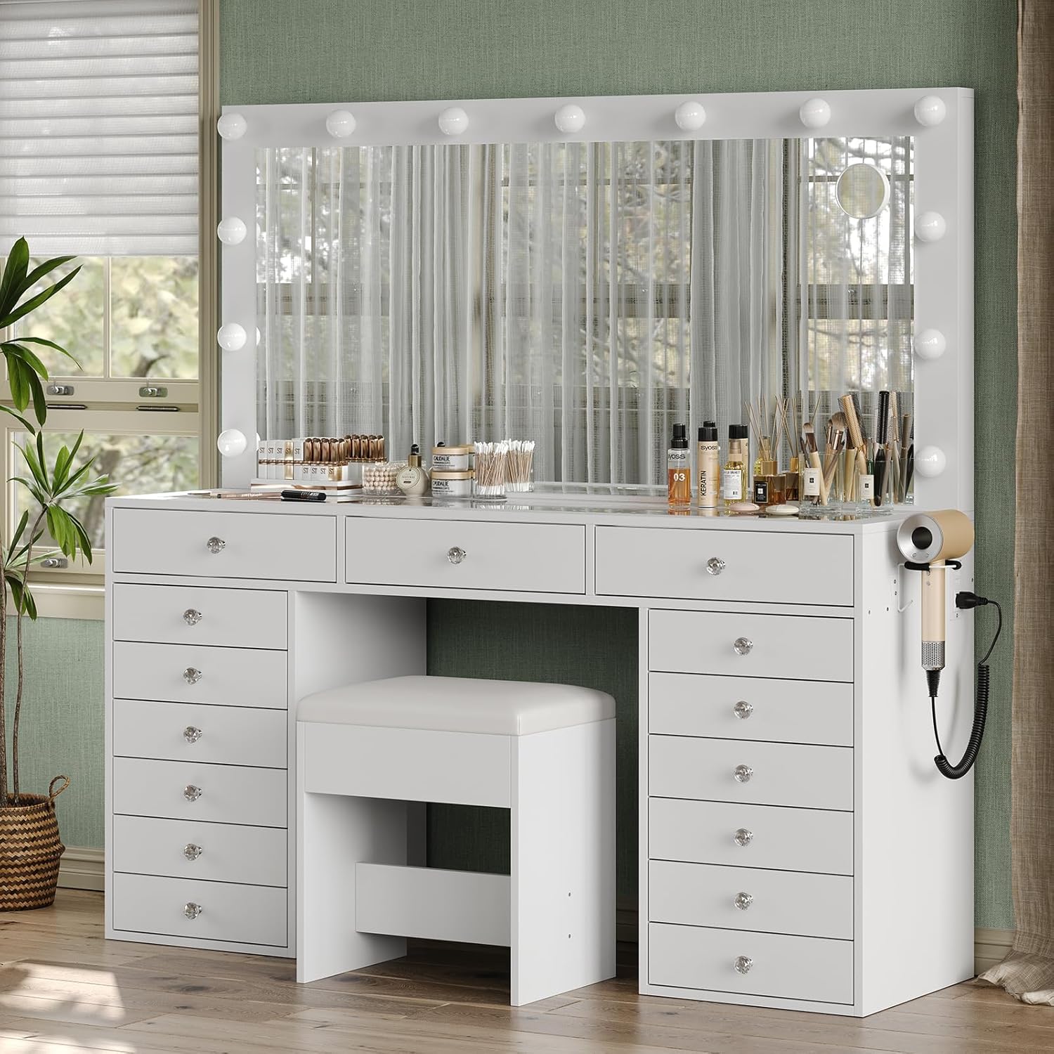 55" W Vanity Desk, Makeup Vanity with Charging Station, 15 Drawers with Lighted Mirror, 3 Lighting Modes, Brightness Adjustable, Glass Top, Vanity Table with Chair for Bedroom 15 Drawers White