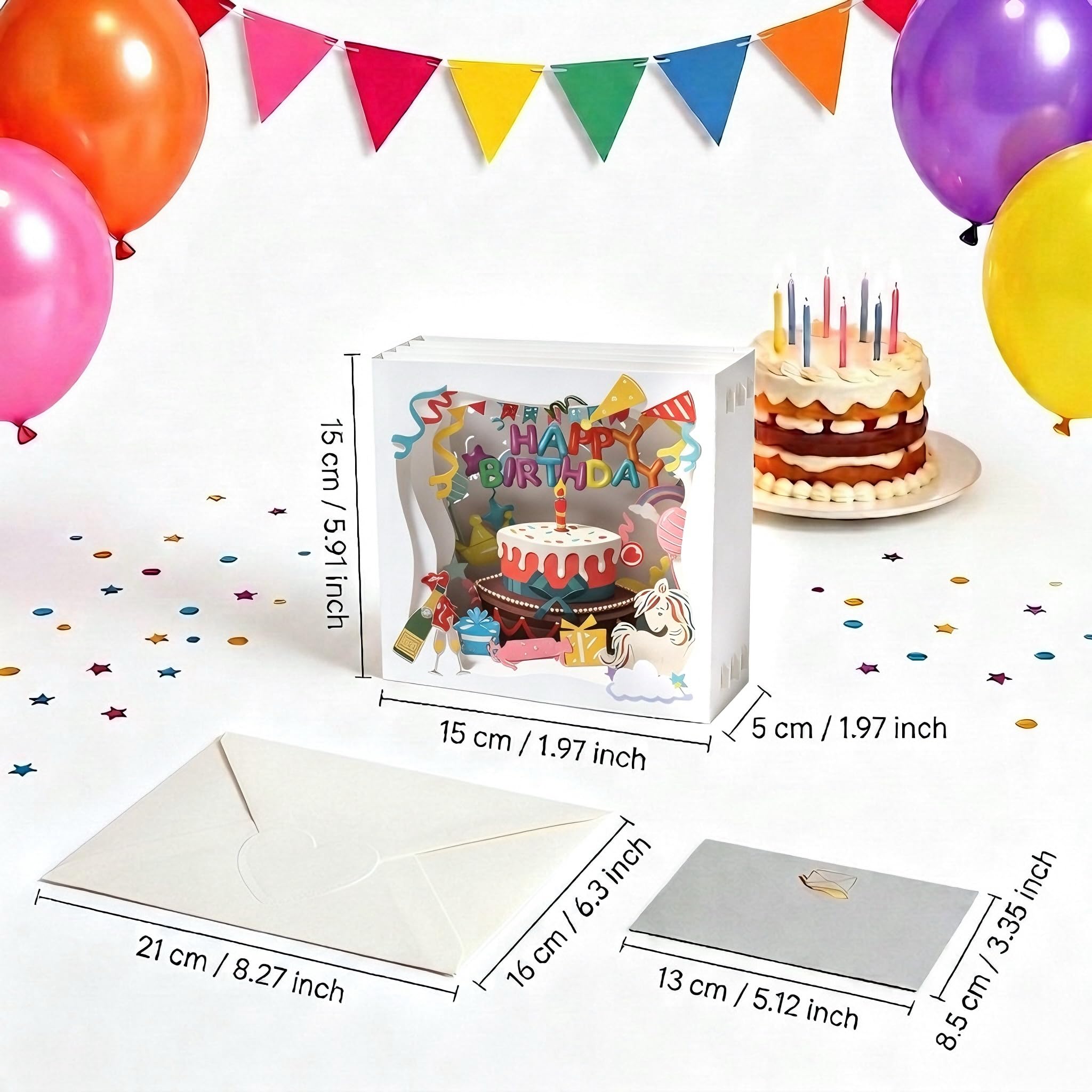 Kartka pop-up 3D, urodziny, jednorożec, tort, tunel, kartka z życzeniami