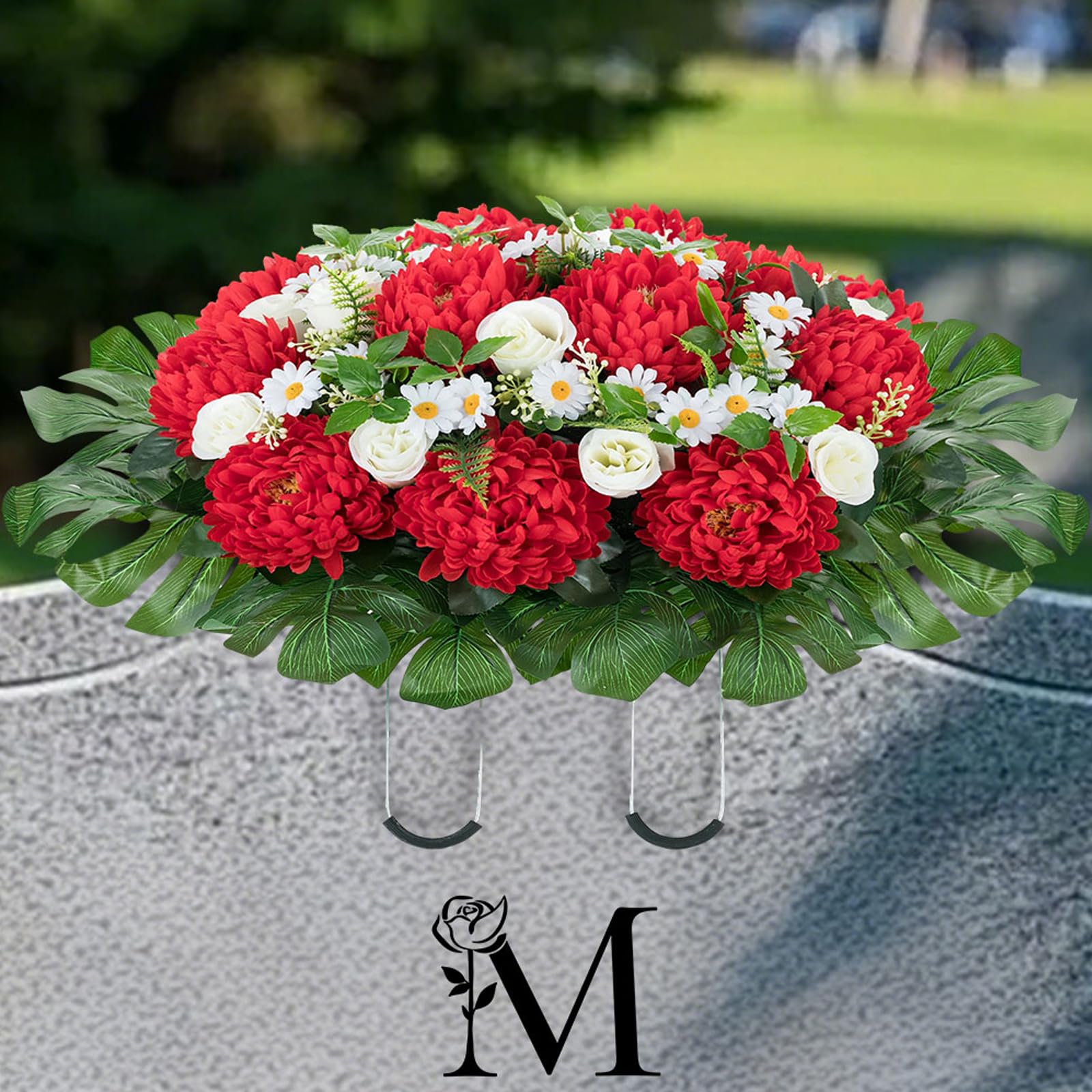Headstone Flower Saddle for Cemetery: 1 Pc Red Chrysanthemum Artificial Cemetery Saddles for Headstones - Outdoor Grave Decorations image 3