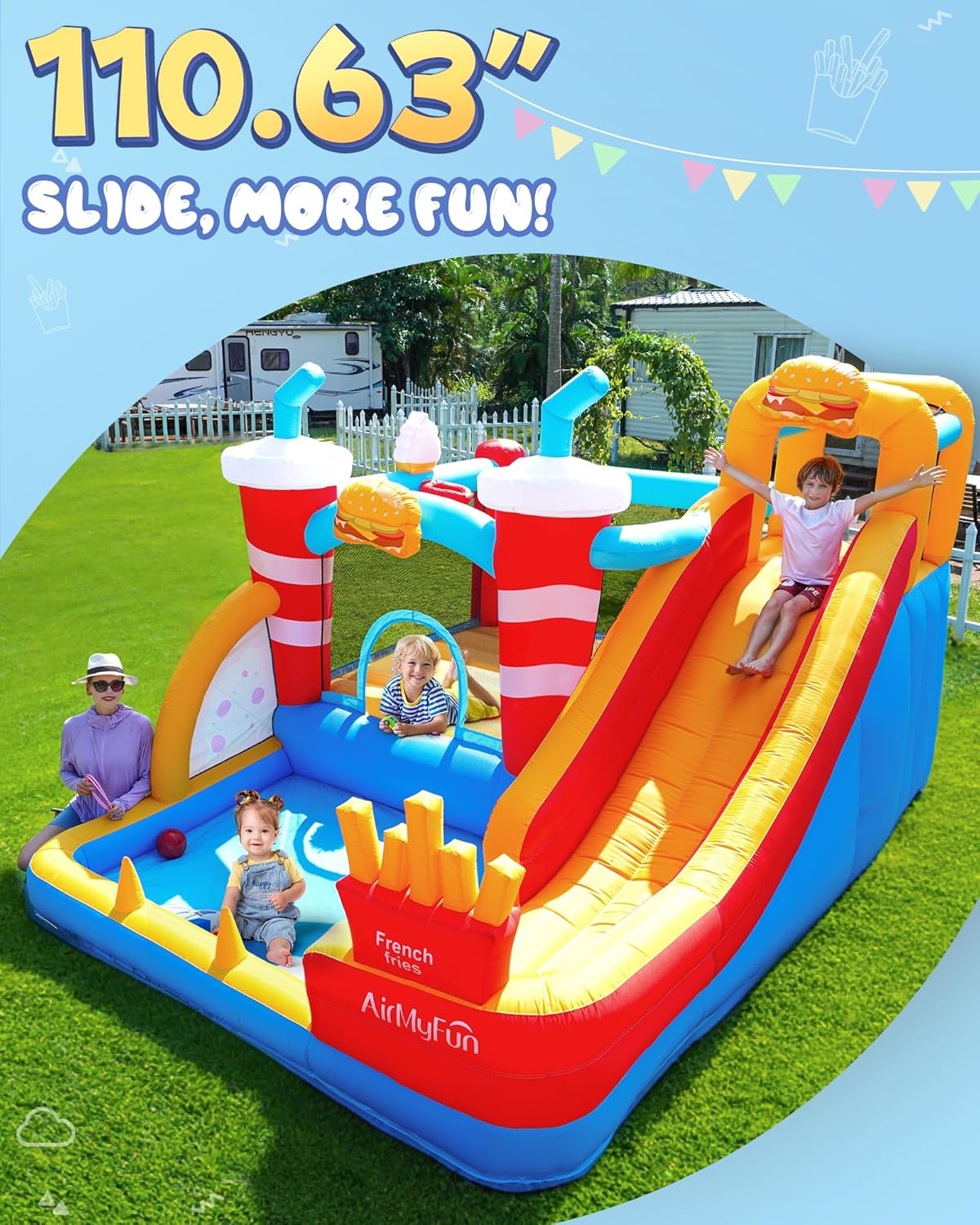 Children playing on the AirMyFun bounce house water slide in an outdoor setting