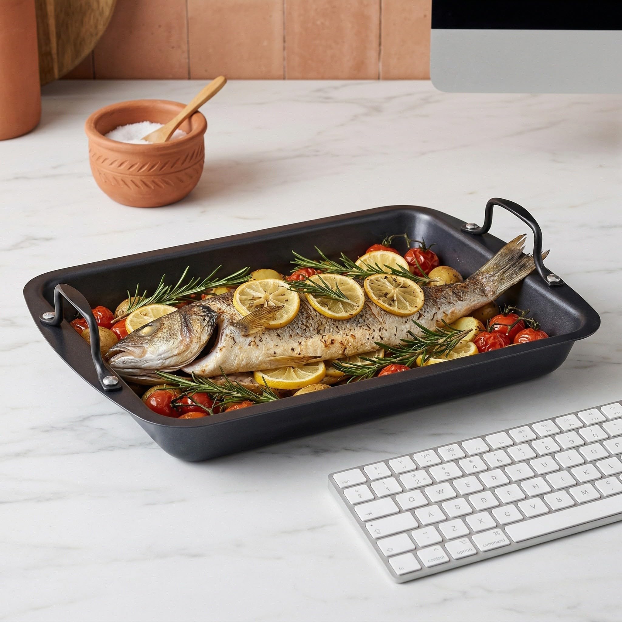 Bandeja para Asar de Acero Inoxidable Recubrimiento Antiadherente, Distribución Uniforme del Calor y Diseño Rectangular para Cocinar Pescados y Carnes