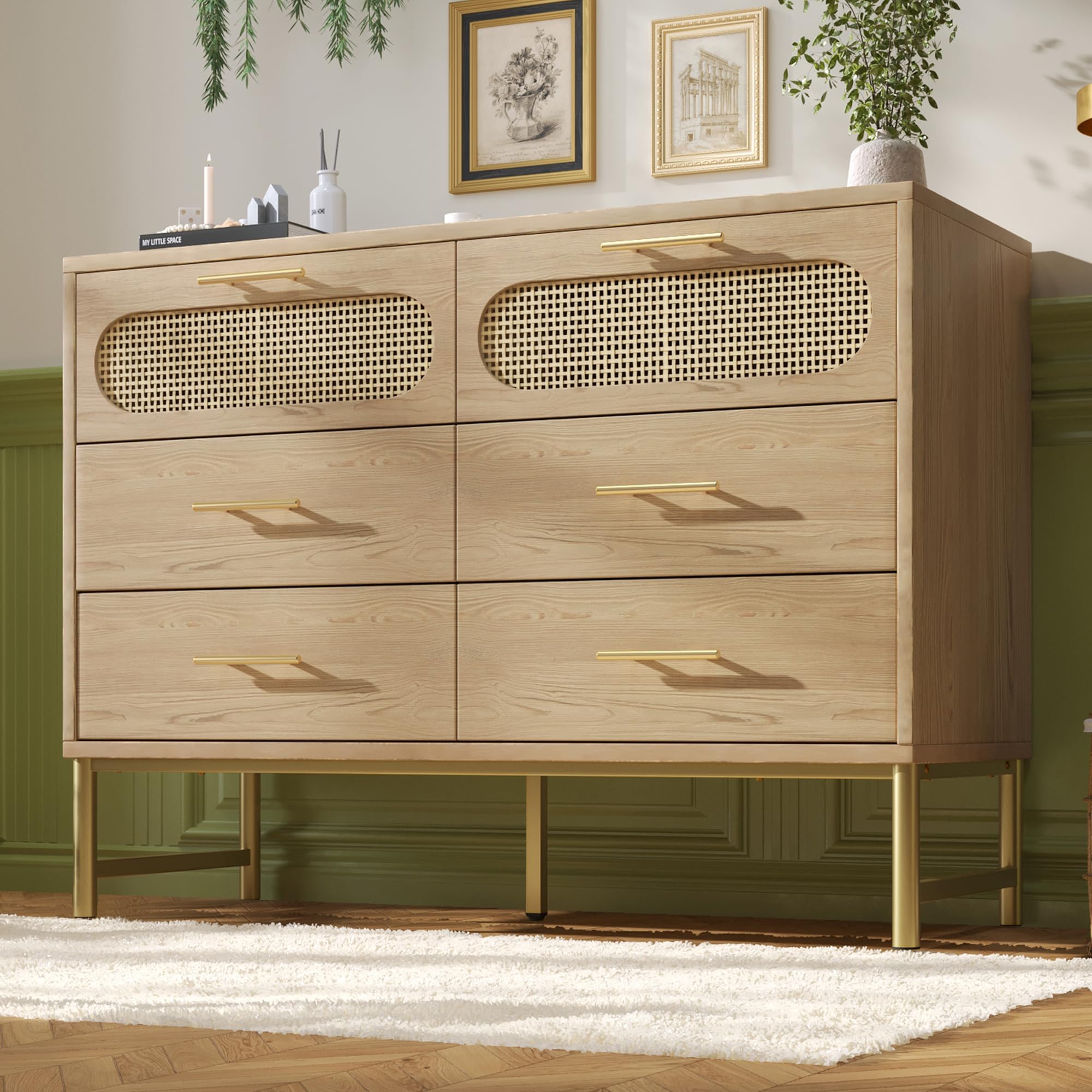 FammyLoft Sideboard with 6 Drawers, Storage Cabinet with Metal Handles, Chest of Drawers or Living Room, Bedroom, Office, Kitchen, Rattan Design, 120x40x74cm, Oak โ image 1