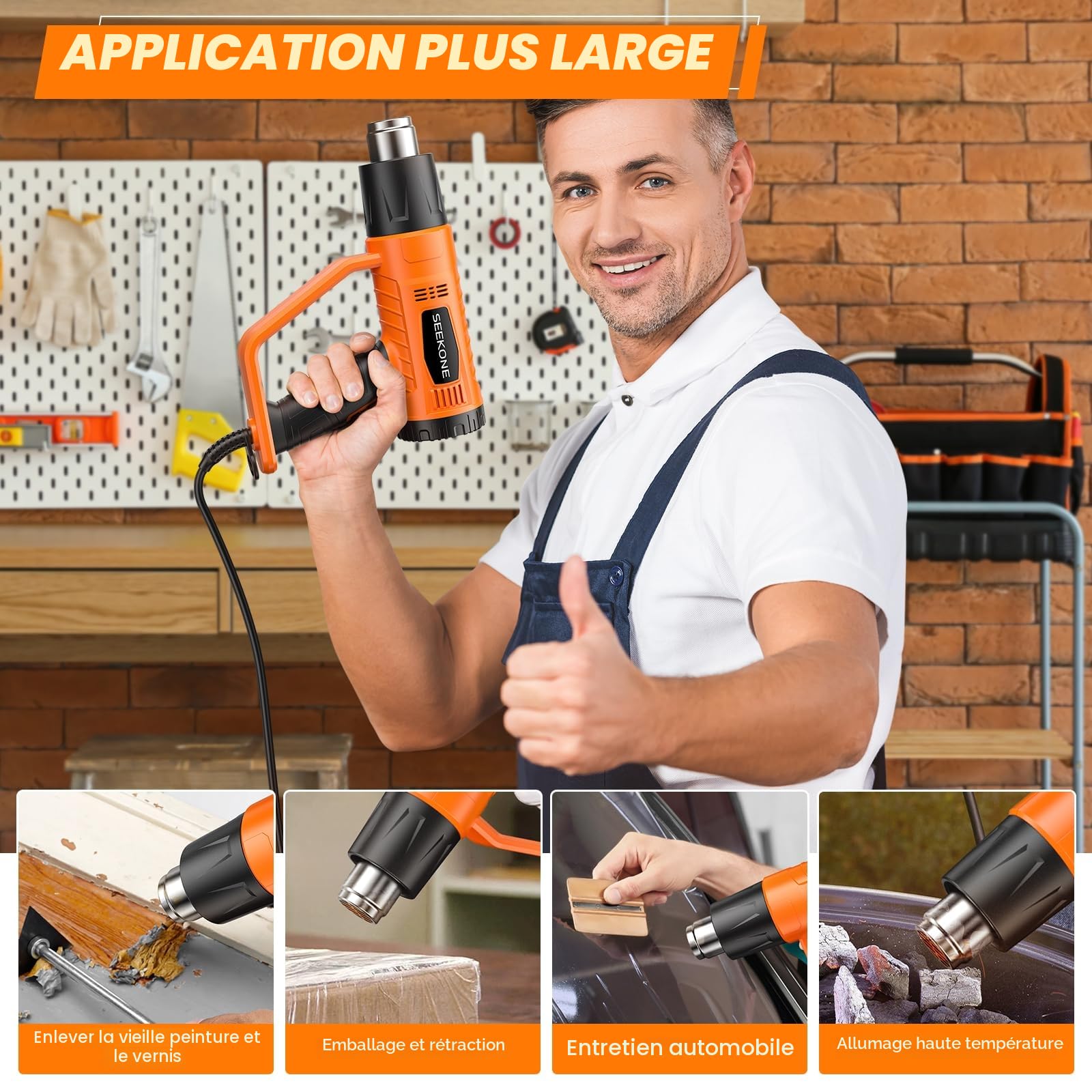 Décapeur Thermique, SEEKONE 2000W 400℃ & 600℃ Réglages Double Température Pistolet Thermique avec 4 Buses, Protection de Surcharge, Manche Antidérapant, Idéal pour Retrait Thermiquement
