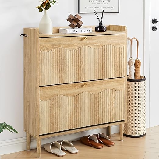 BERRYMERRY 31.5” Fluted Shoe Storage Cabinet for Entryway, 2 Flip Drawers Narrow Shoe Organizer Cabinet with Wave Profile for Hallway,Living Room