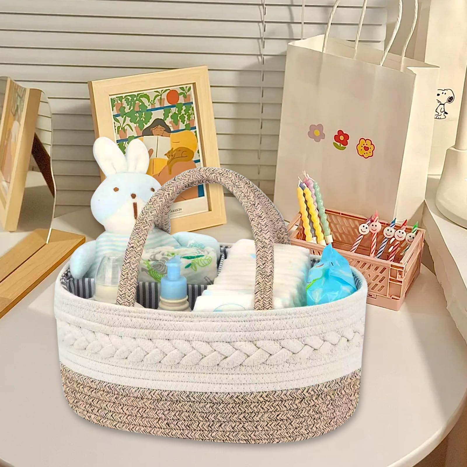 Organizer fasciatoio per neonati, cesto nascita bimbo, Carrello Porta Pannelli con Scomparti & Maniglie, Scatola Multifunzionale per Pannolini, Cestino Portatile per Neonati