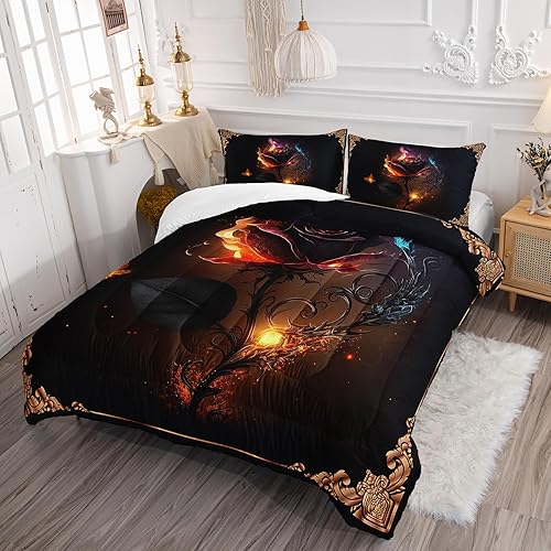 Miniatura 10 de AILONEN Juego de edredón de rosas moradas, tamaño Queen, juego de ropa de cama 3D con pintura al óleo y rosas moradas para niñas, parejas y amantes,