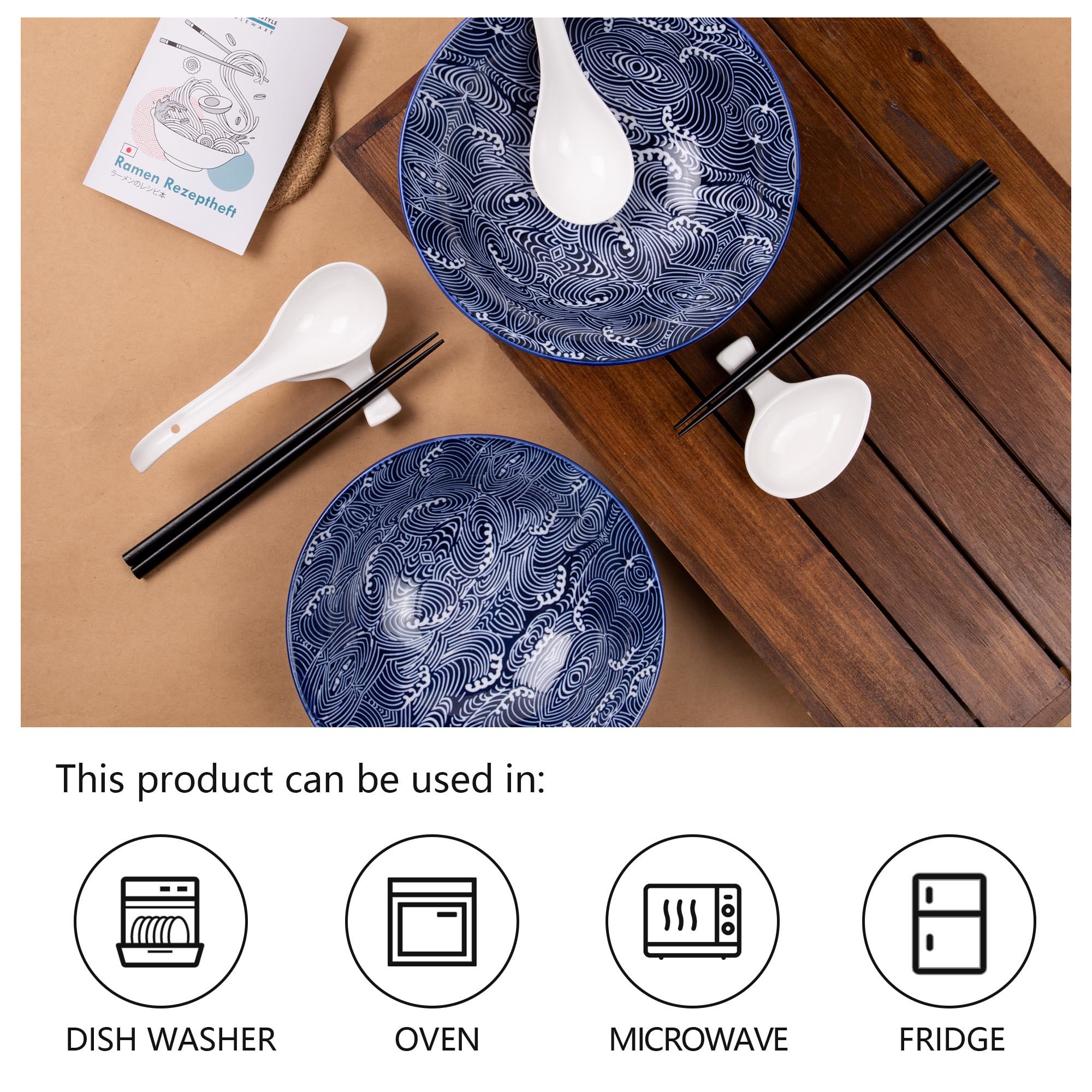 Urban Lifestyle Set Cuencos Ramen y Udon para 2 Personas Vajilla Asiática de Porcelana Ø 20,5 cm 1000 ml con Cucharas Ramen, Cuencos para Salsas y Palillos Japoneses – Estilo Japonés