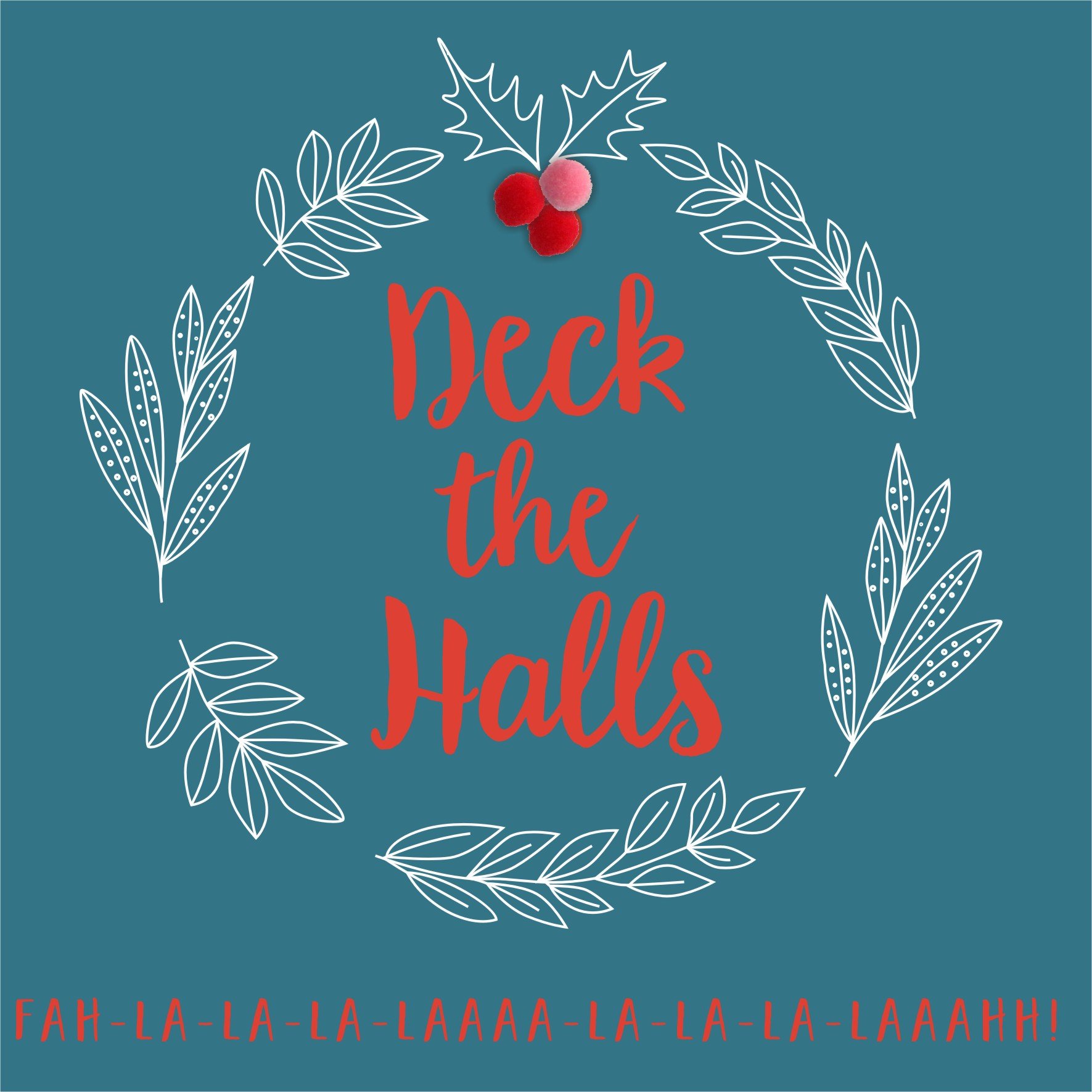 Claire Giles Greeting Cards, Happy Christmas Card, Holly Wreath "Deck The Halls" Design Xmas Greeting Card, Embellished with Colourful Pompoms