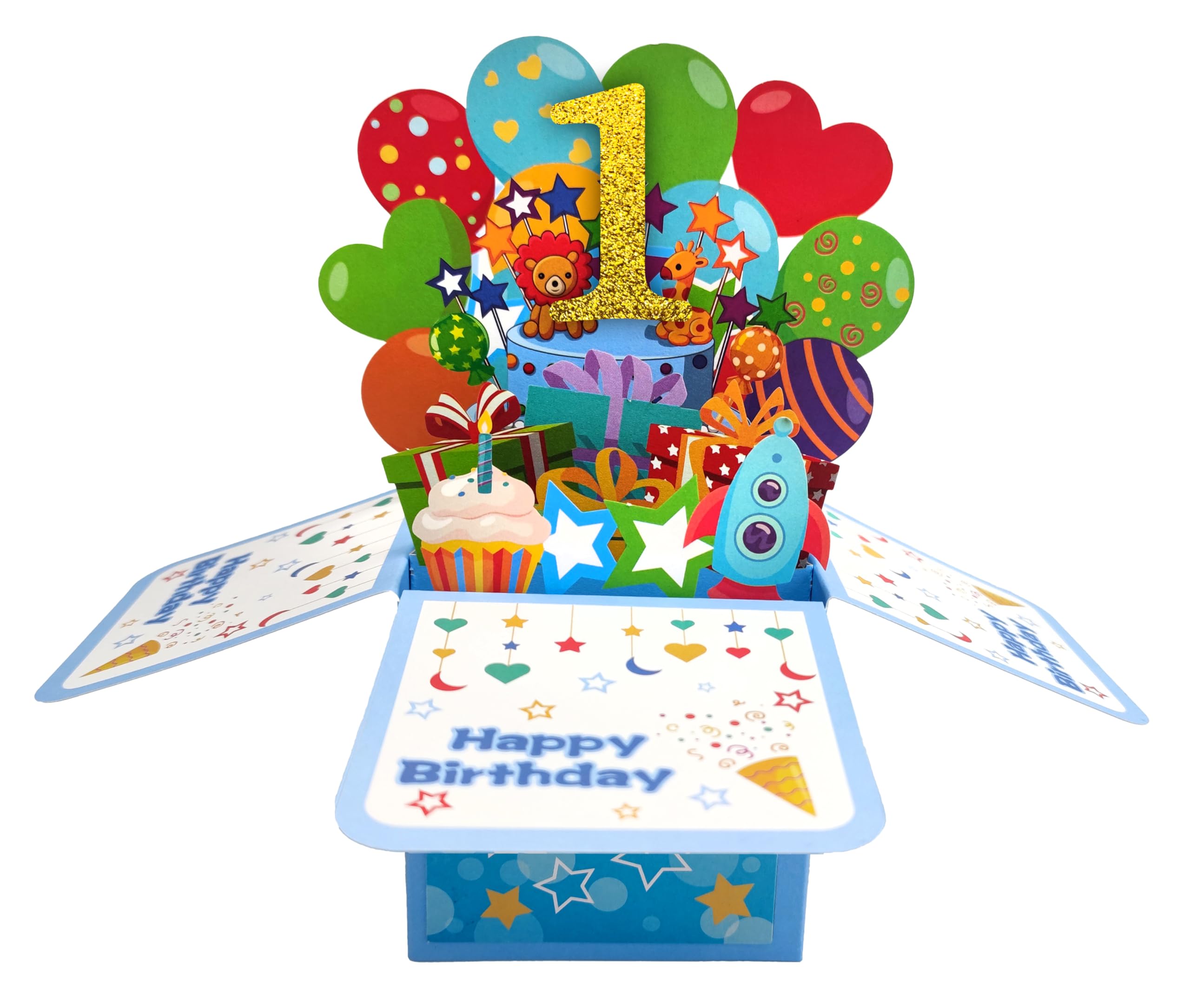 ZYOOO Happy 1st Birthday 3D Pop Up Greeting Card,First Birthday Card for Baby Boy,Son,Grandson,Nephew with 1 Envelop,1 Message Card(Blue)