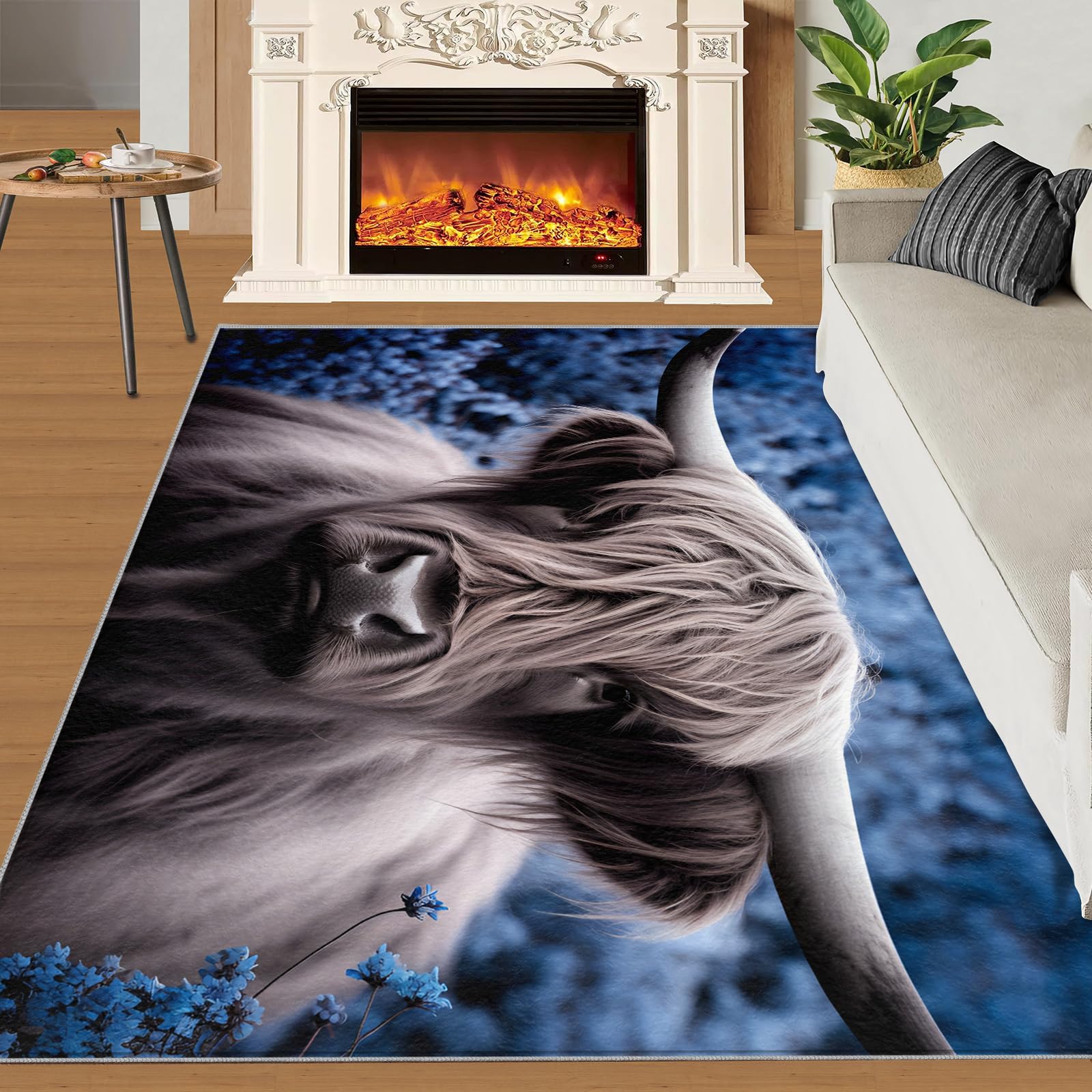 SANSJI Highland Cow Area Rug 160x230 cm - Non-Slip Washable Farmhouse Animals Design Indoor Carpet for Bedroom, Longhorn Cattle Theme for Kids, Teens & Boys, Flower Blue Style Floor Mats