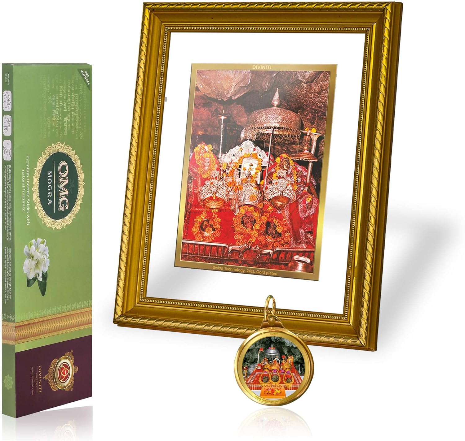 MATA Ka Darbar DG Size 2.5 Photo Frame, 24K Double Sided Gold Plated Pendant 18 MM and OMG Mogra Incense Sticks for Navratri Festival Puja & Auspicious Occasion (Combo Pack)-AMZ935