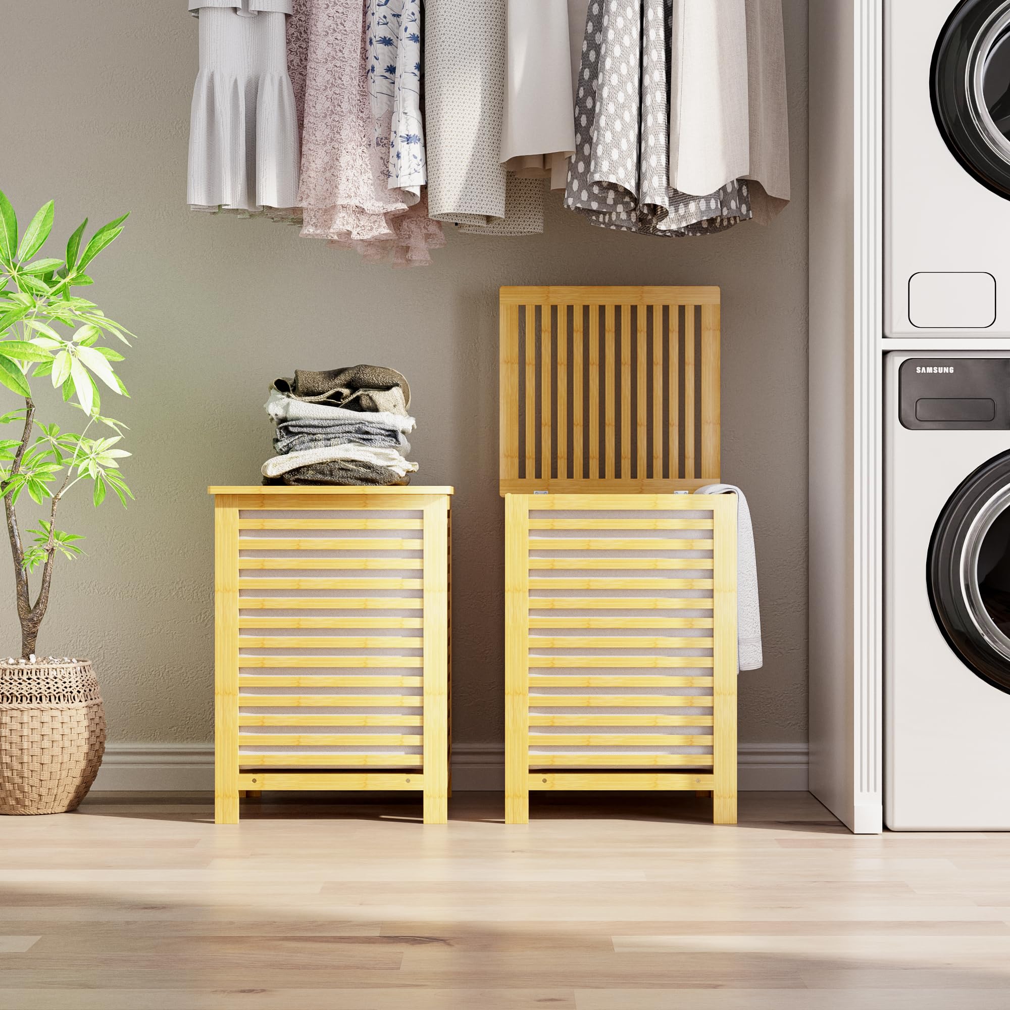SMIBUY Panier à linge en bambou 120L avec couvercle, sac de doublure amovible, trieur à linge à 2 sections, naturel, beige, à rayure