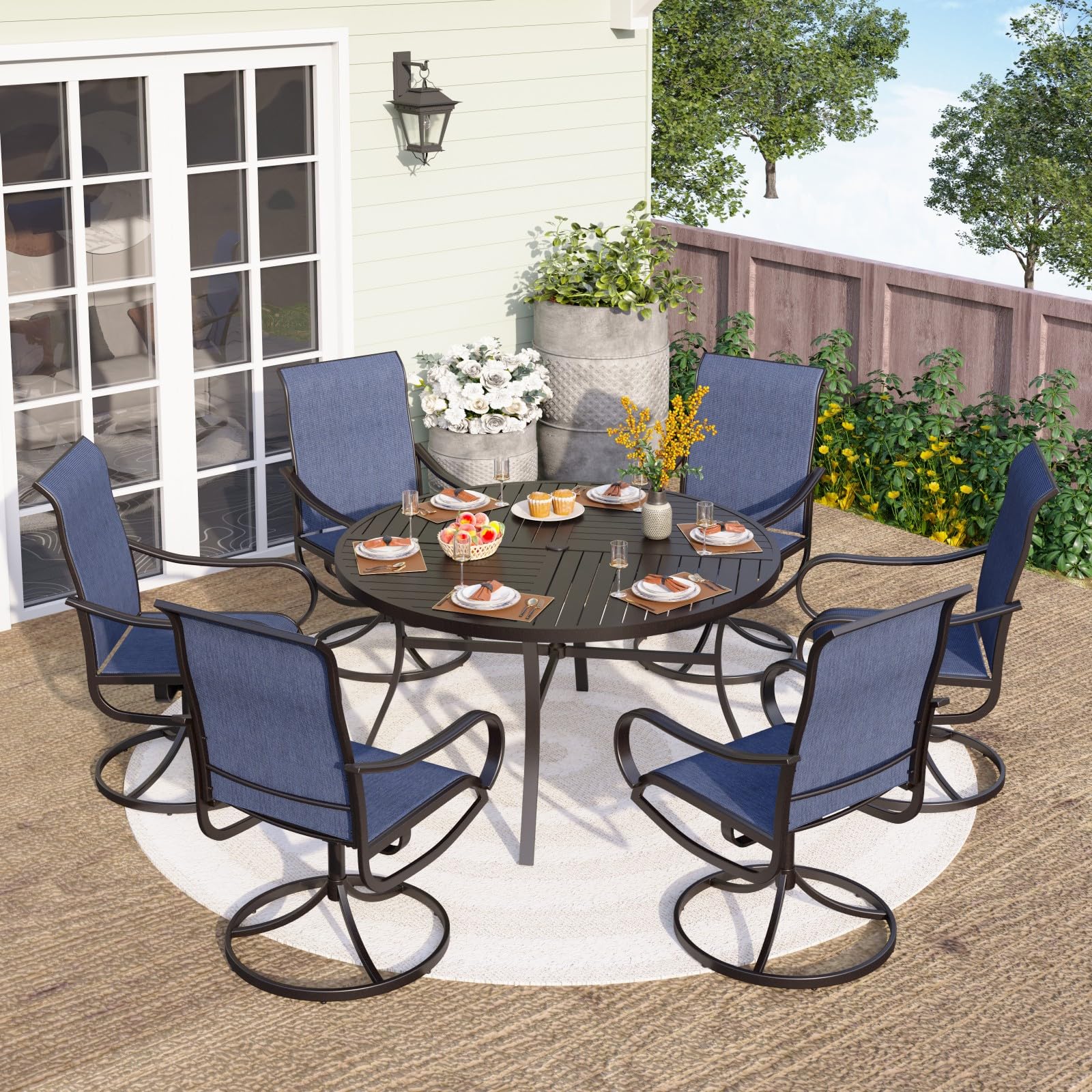 PHI VILLA 7 Piece Outdoor Patio Dining Set with 6 Swivel Dining Chairs & 1 Large Round Dining Table, Blue Textilene Mesh Fabric Chair and 54" Metal