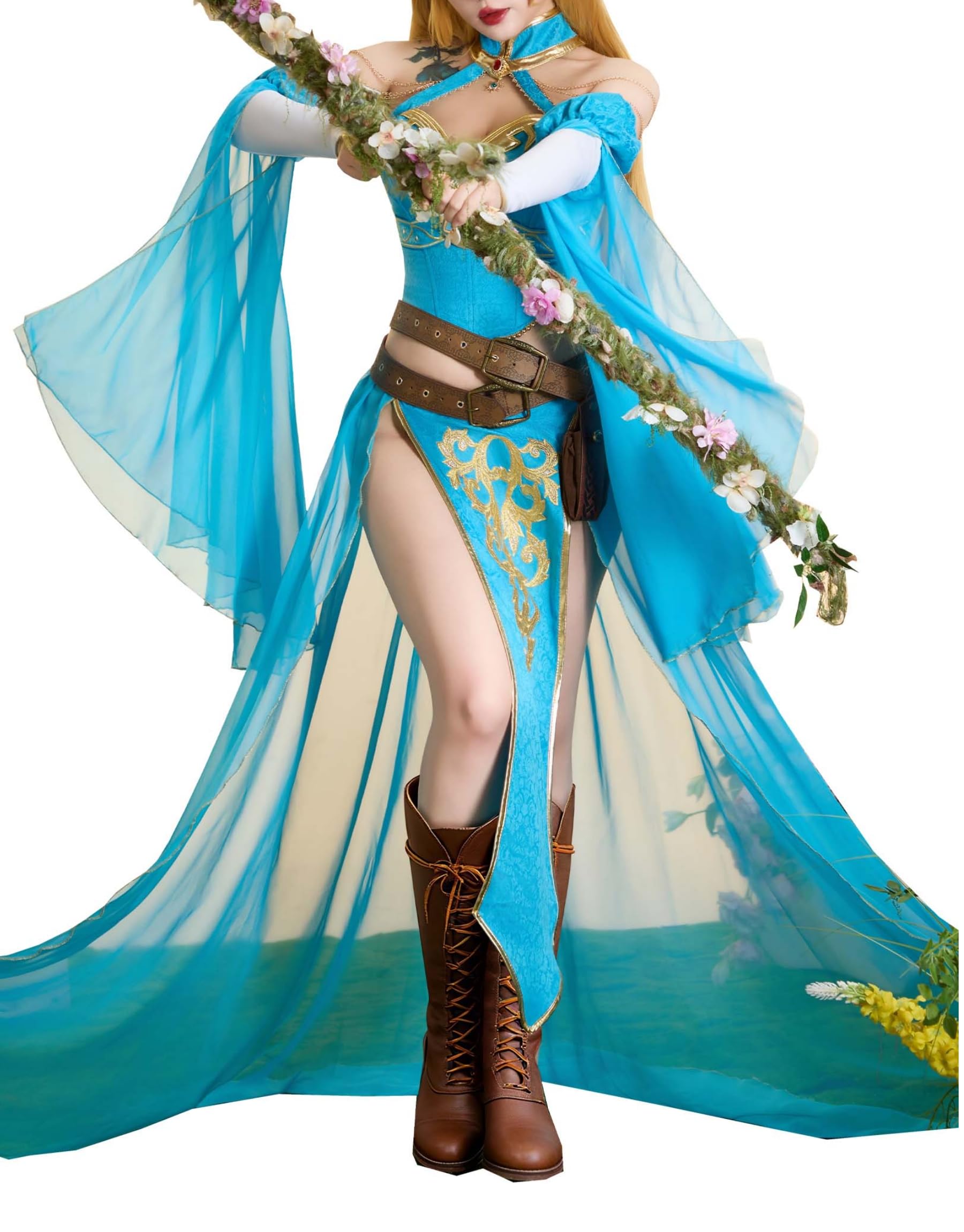Mobbunny Fantasia feminina de princesa cosplay, lingerie sexy, vestido de dança, top e saia com mangas e bolsa de cintura - M