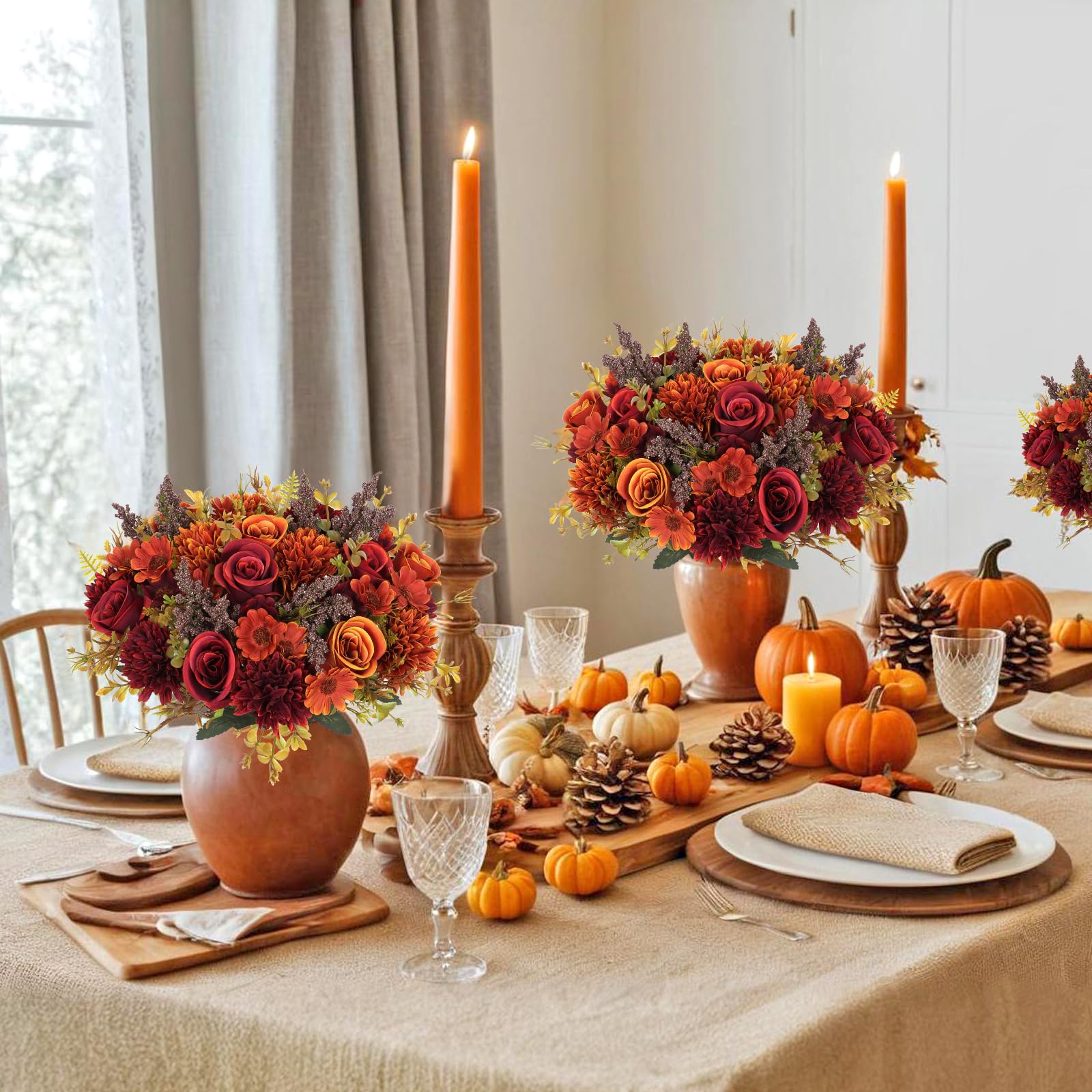 MEIVINES Artificial Flowers Artificial Rose Silk Flowers 2 Bunches Faux Rose Daisy Flower Bouquet for Wedding Party Table Centerpieces Floral Arrangement Home Kitchen Decor (Orange&Red - Image 4