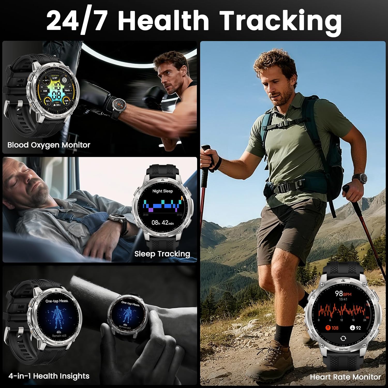 KOSPET Tank T4C GPS Smart Watch for Men with LED Flashlight, 1.5” AMOLED Display, 50-Days Battery, 24/7 Heart Rate/Sleep Monitor, 50m Waterproof, Bluetooth Call/Walkie-Talkie