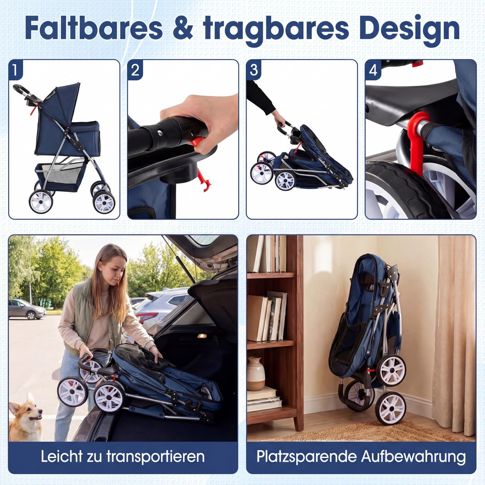 COSTWAY Hundewagen klappbar, Hundebuggy mit verstellbarem Vordach, Netzfenstern, Korb & Getränkehalter, Katzenwagen Haustierwagen, Haustierbuggy für Katzen Hunde bis 15 kg (Blau)