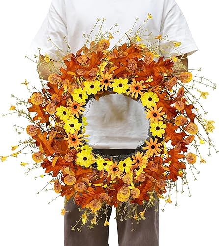 Miniatura 7 de Gruesa y temporizador Corona de eucalipto de otoño de 20 pulgadas para puerta delantera, decoración de otoño, 20 LED, girasoles artificiales de