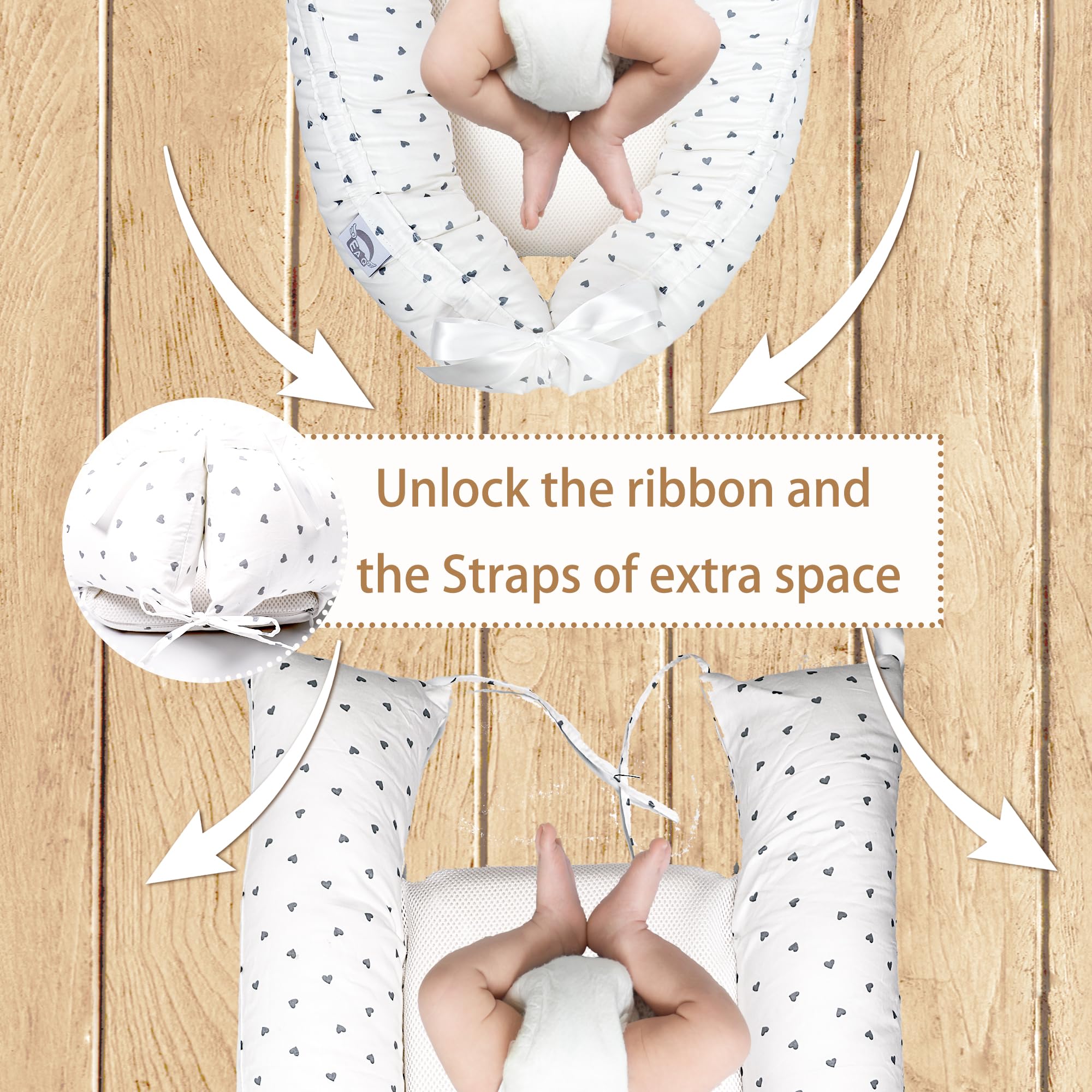 EAQ Baby Lounger Baby Nest for Co Sleeping Baby Bassinet Soft Breathable Perfect for Newborn Gift 100% Cotton Napping or Traveling for 0-12 Months (White-Grey) - Image 2