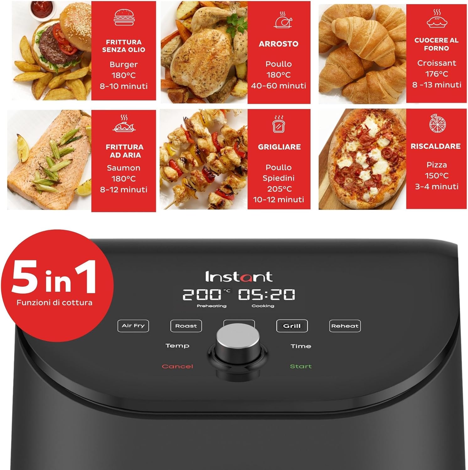 Instant Pot Vortex Slim, friggitrice elettrica senza olio 5 in 1 - Multi-cucina con funzioni di friggitrice ad aria, cottura, grill, arrosto e piastra, timer - Potenza 1700W, 5,7 L - Nero Instant Pot Vortex Slim, friggitrice elettrica senza olio 5 in 1 - Multi-cucina con funzioni di friggitrice ad aria, cottura, grill, arrosto e piastra, timer - Potenza 1700W, 5,7 L - Nero
