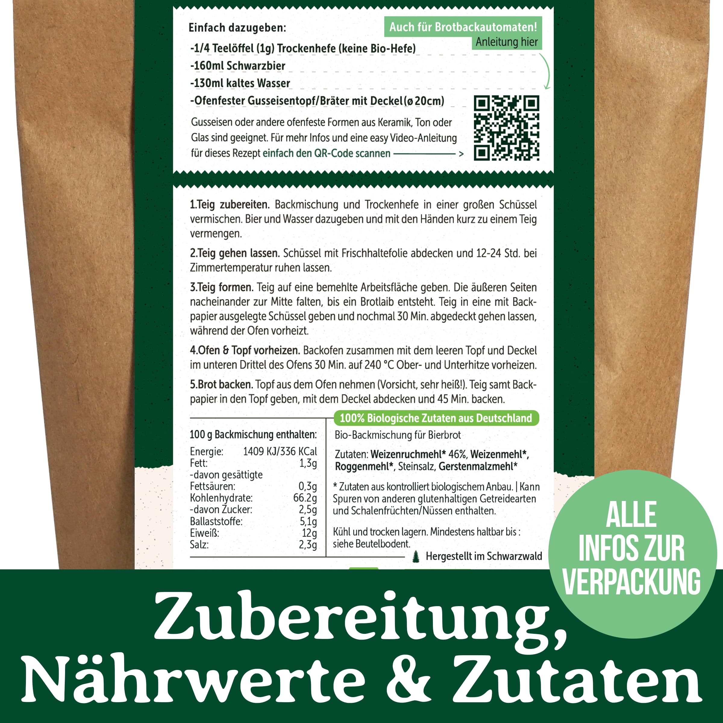 Bio Schwarzbier-Brot Brotbackmischung - Backmischung für Bierbrot - Bier Männergeschenk - Brotbackautomat geeignet - Bake with Love - (10er Pack)